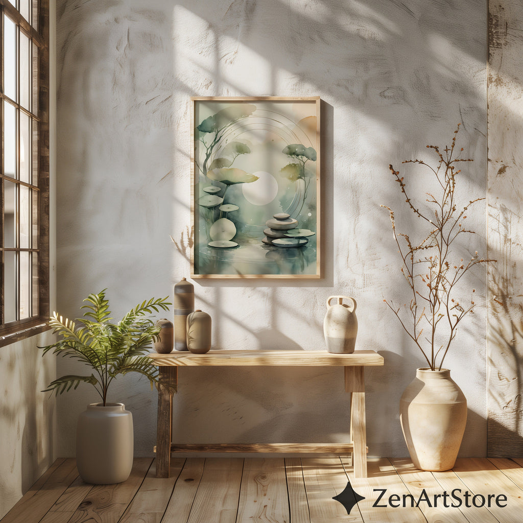 Zen Lotus Pond Wall Art - Minimal Japandi Botanical Print, Calming Neutral Green Landscape for Home Decor