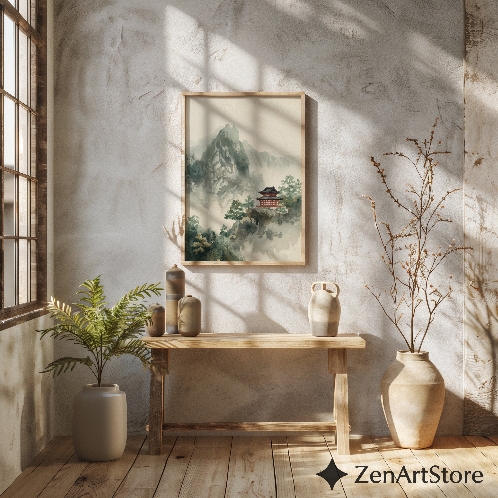 Zen Mountain Pagoda Art Print - Minimal Japanese Sumi-e Landscape, Japandi Wall Art for Calming Neutral Home Decor