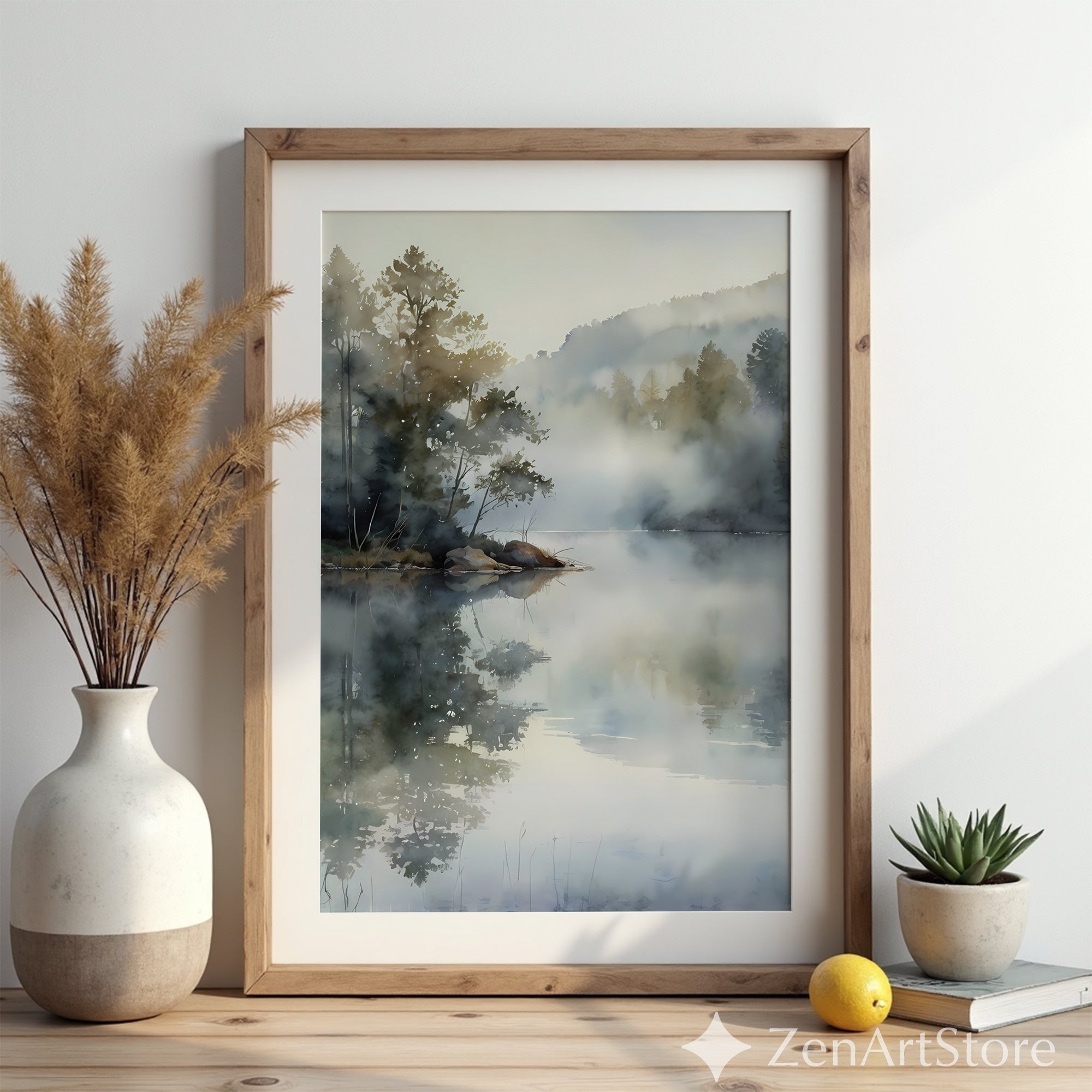 Misty Lake Watercolor Print - Serene Landscape Reflection Wall Art for Neutral Zen, Japandi & Wabi Sabi Home Decor