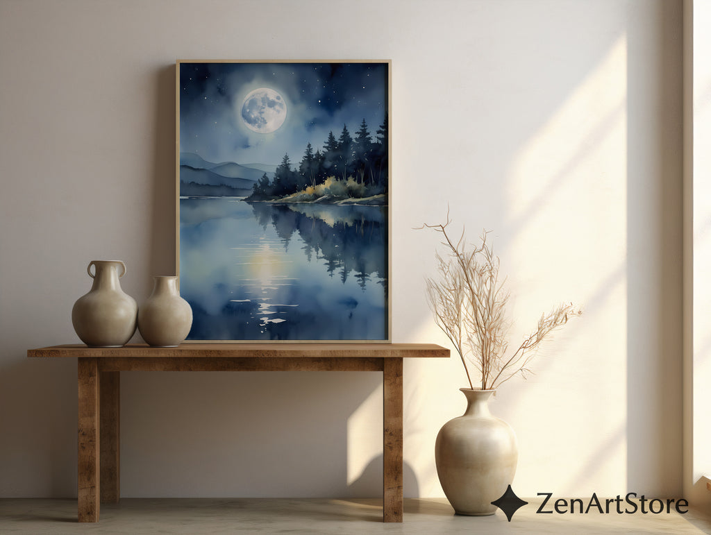 Moonlight Lake Wall Art - Serene Blue Night Landscape Print, Minimal Zen Moon Reflection for Bedroom Living Room Decor