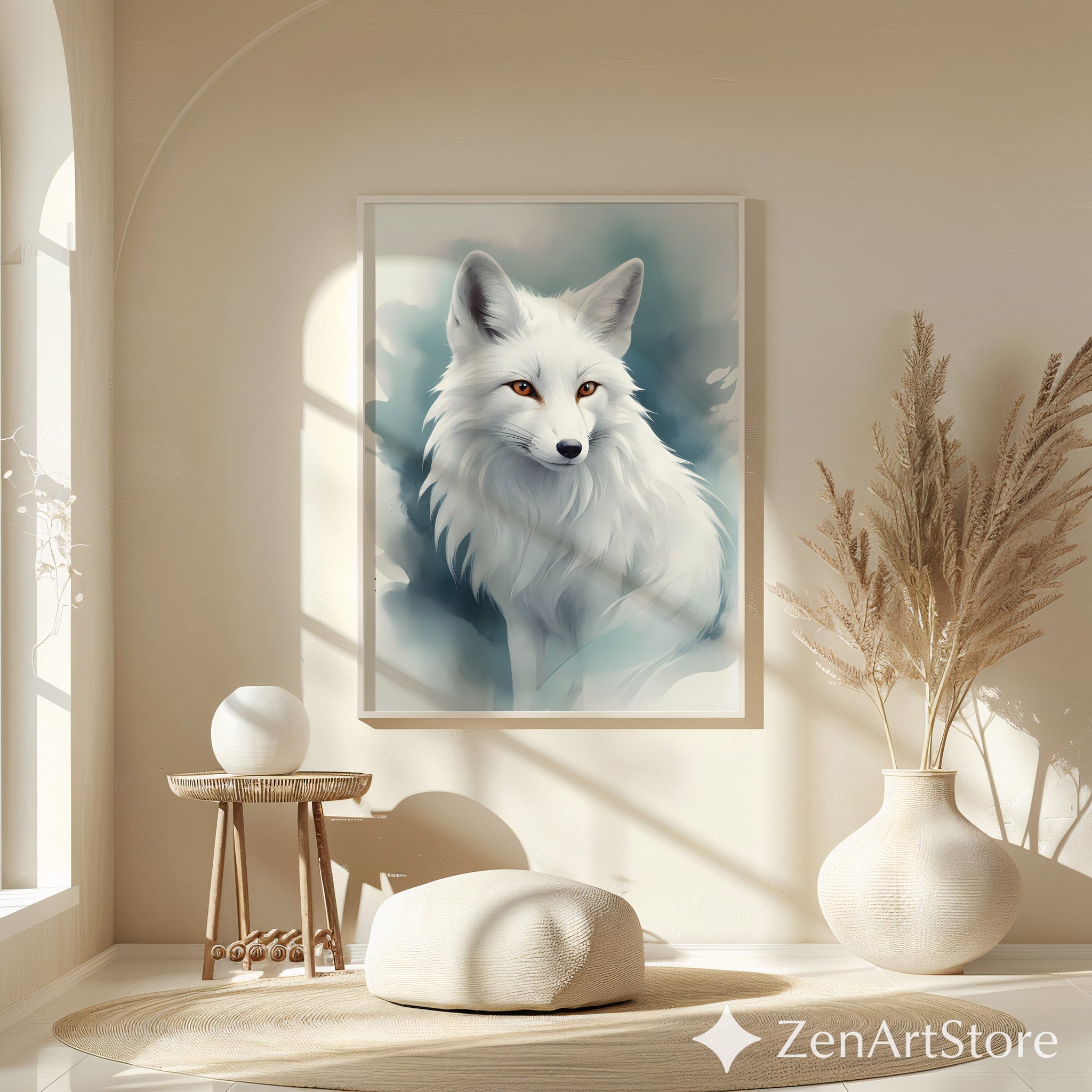 White Arctic Fox Wall Art - Minimal Scandinavian Japandi Fox Print, Neutral Modern Animal Portrait, Printable Digital Download for Home Decor
