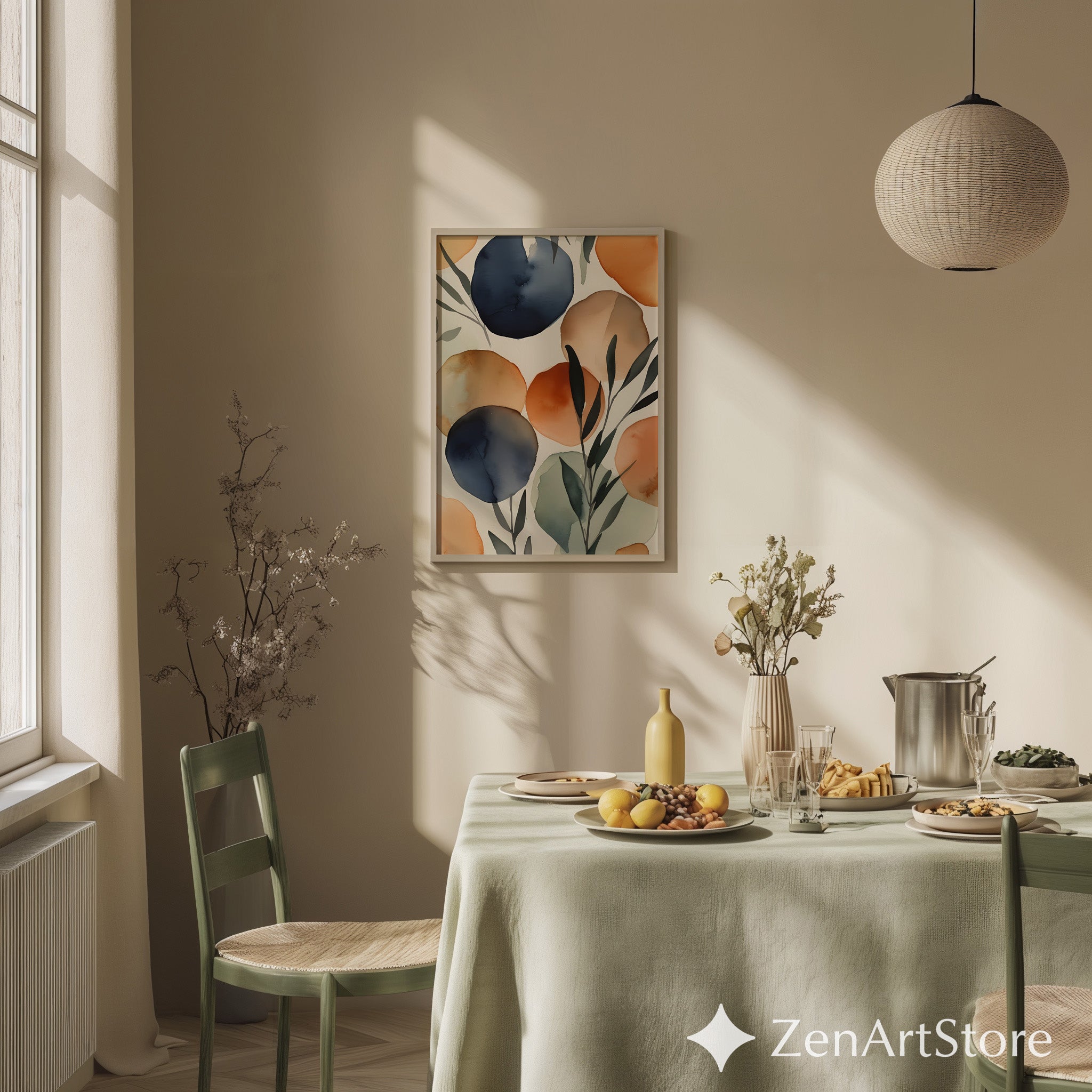 Abstract Watercolor Botanical Wall Art - Navy & Terracotta Minimal Print, Japandi Scandinavian Neutral Home Decor