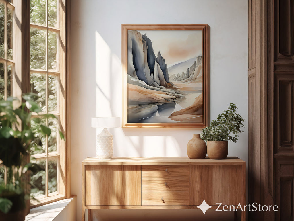 Neutral Abstract Landscape Art Print — Japandi Minimalist Mountain Wall Art, Beige & Slate Home Decor