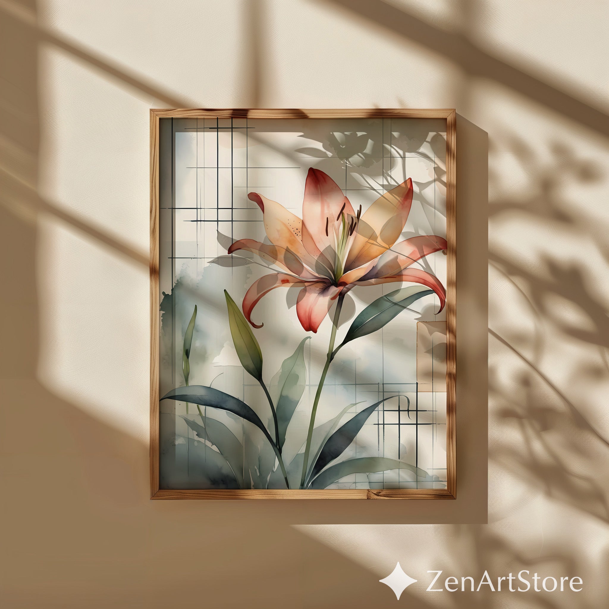 Peach Lily Watercolor Wall Art - Botanical Floral Print, Japandi Minimal Canvas or Printable, Neutral Modern Home Decor