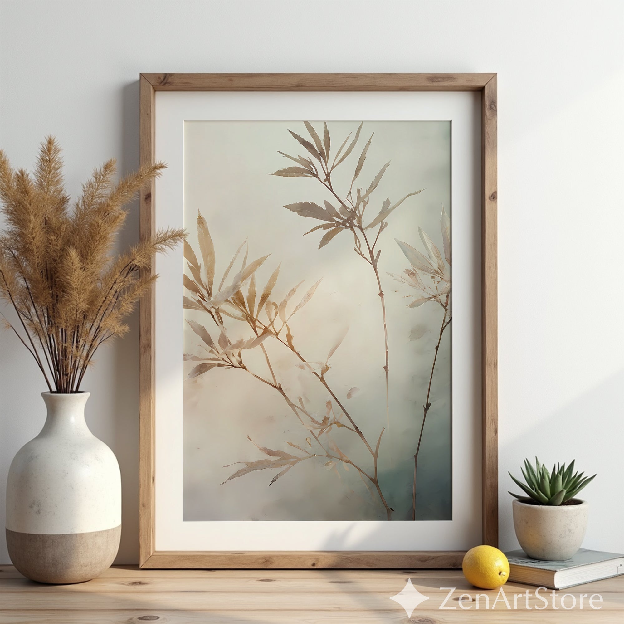 Neutral Botanical Wall Art Print - Japandi Minimalist Plant Painting, Beige Wabi Sabi Home Decor