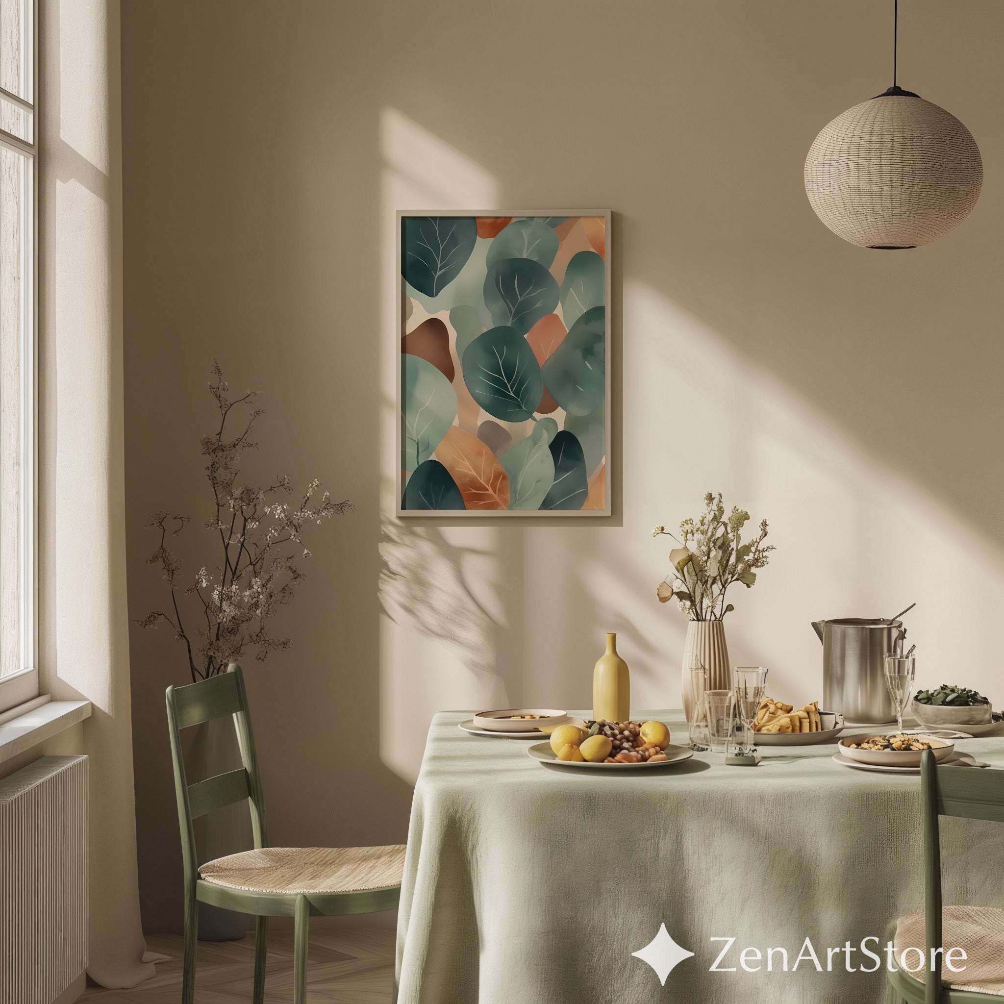 Abstract Botanical Leaf Art Print Teal & Terracotta Minimal Japandi Scandinavian Wall Decor