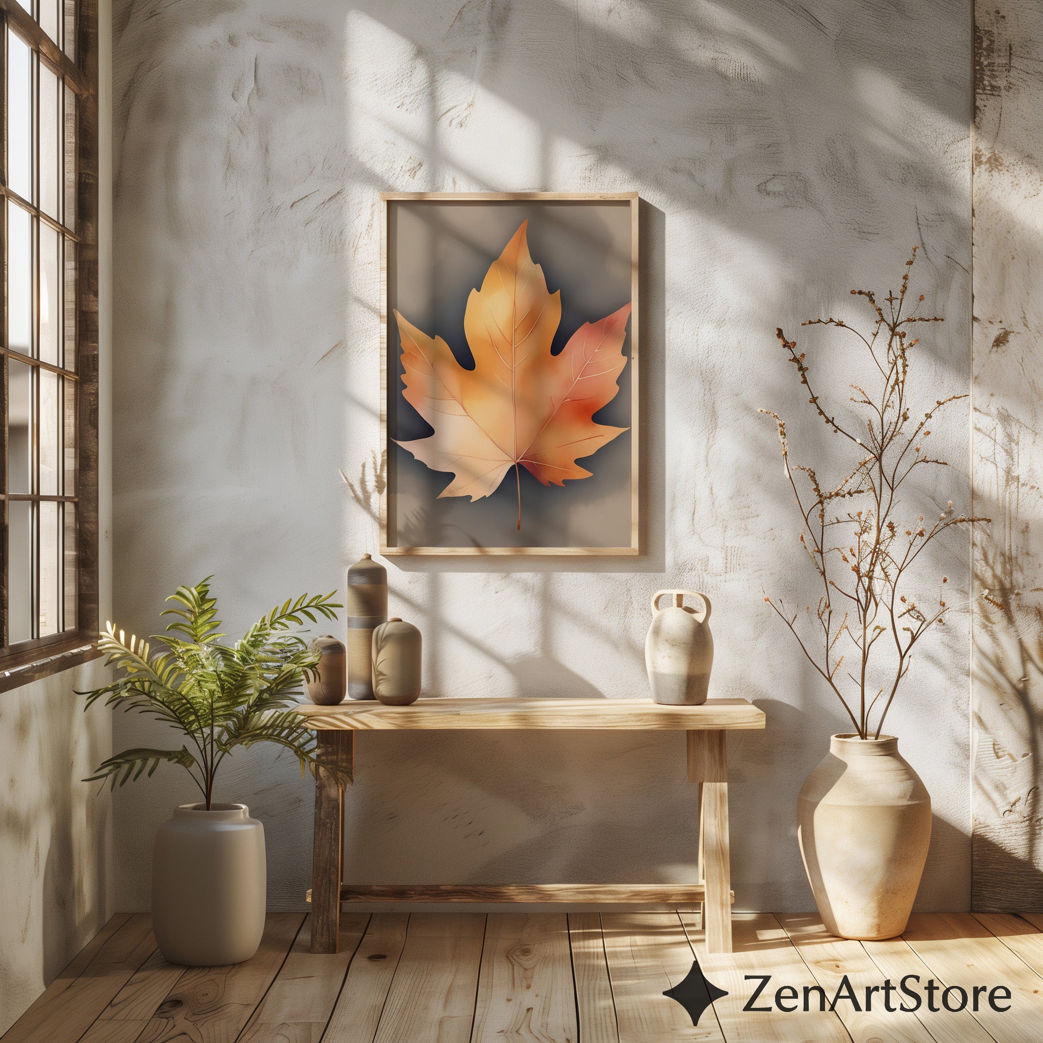 Neutral Autumn Leaf Wall Art - Minimal Maple Leaf Print, Japandi Wabi-Sabi Fall Home Decor, Beige Botanical Wall Art