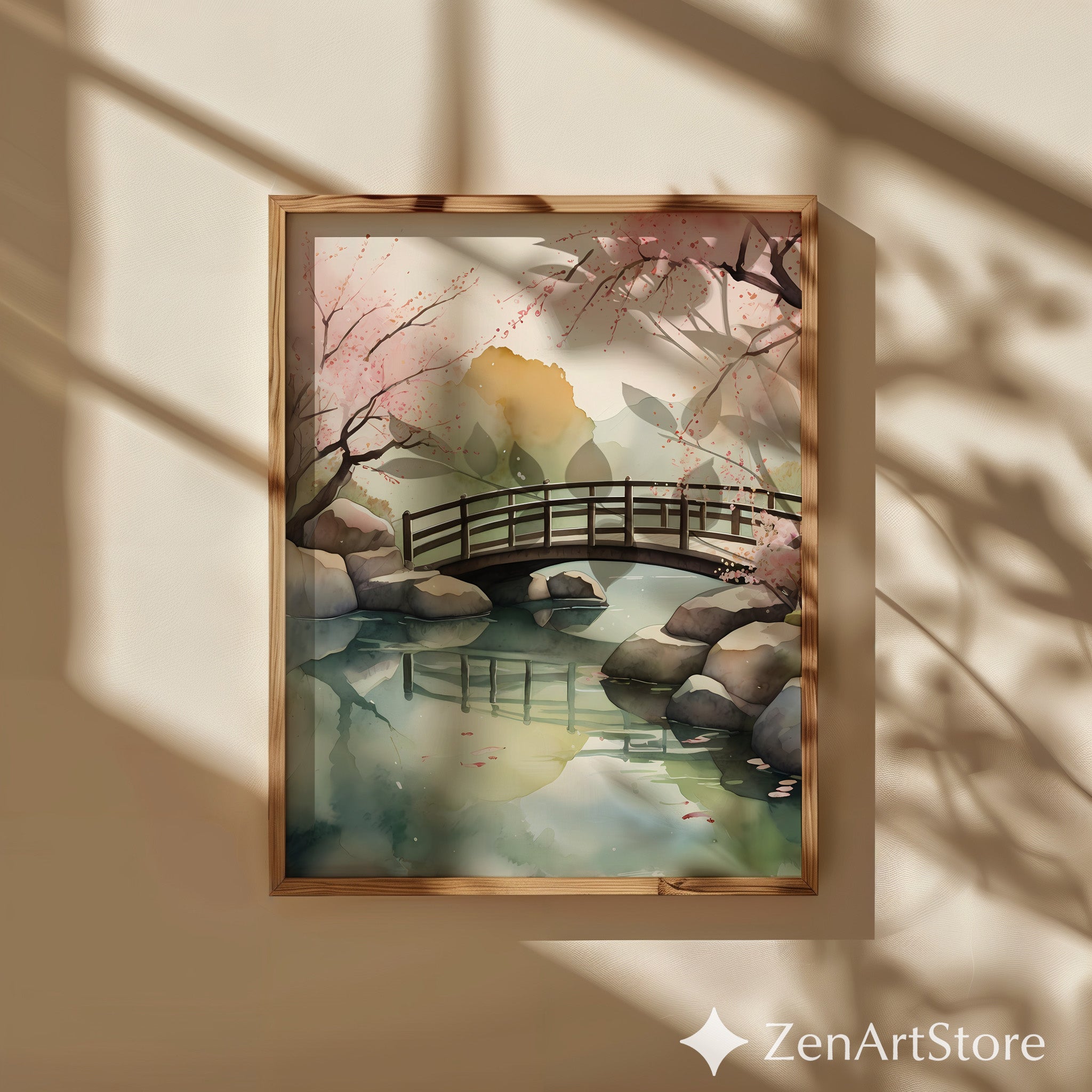 Serene Japanese Bridge Watercolor Print - Cherry Blossom Wall Art, Zen Japandi Minimal Landscape for Neutral Home Decor