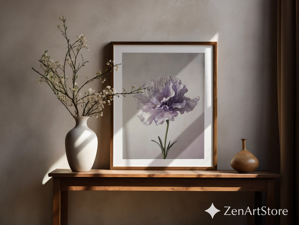 Lavender Peony Floral Art Print - Minimal Botanical Wall Art for Neutral Japandi, Scandinavian & Boho Home Decor