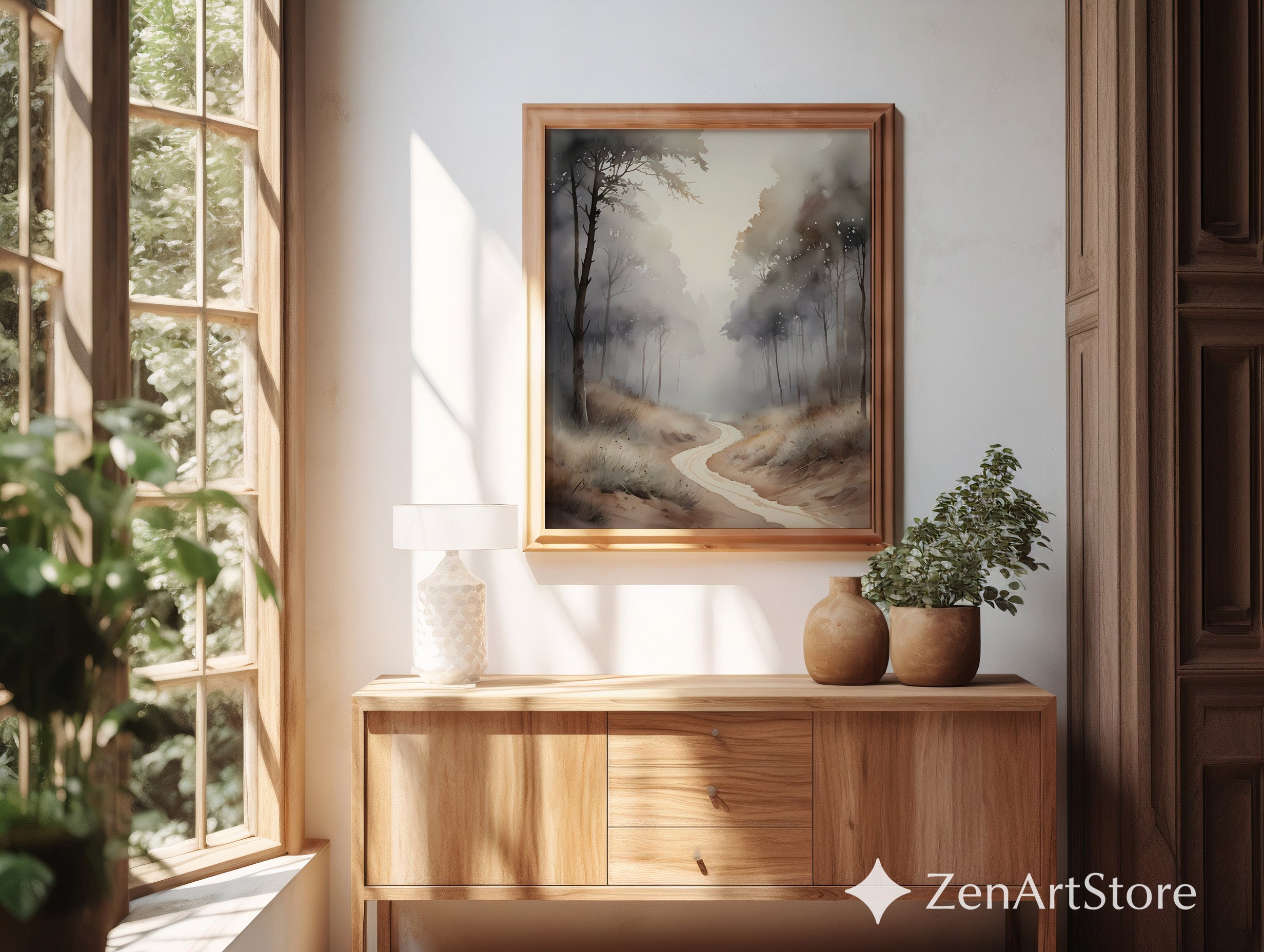 Misty Forest Path Neutral Wall Art Print - Japandi Wabi-Sabi Minimal Landscape for Living Room, Bedroom, Office