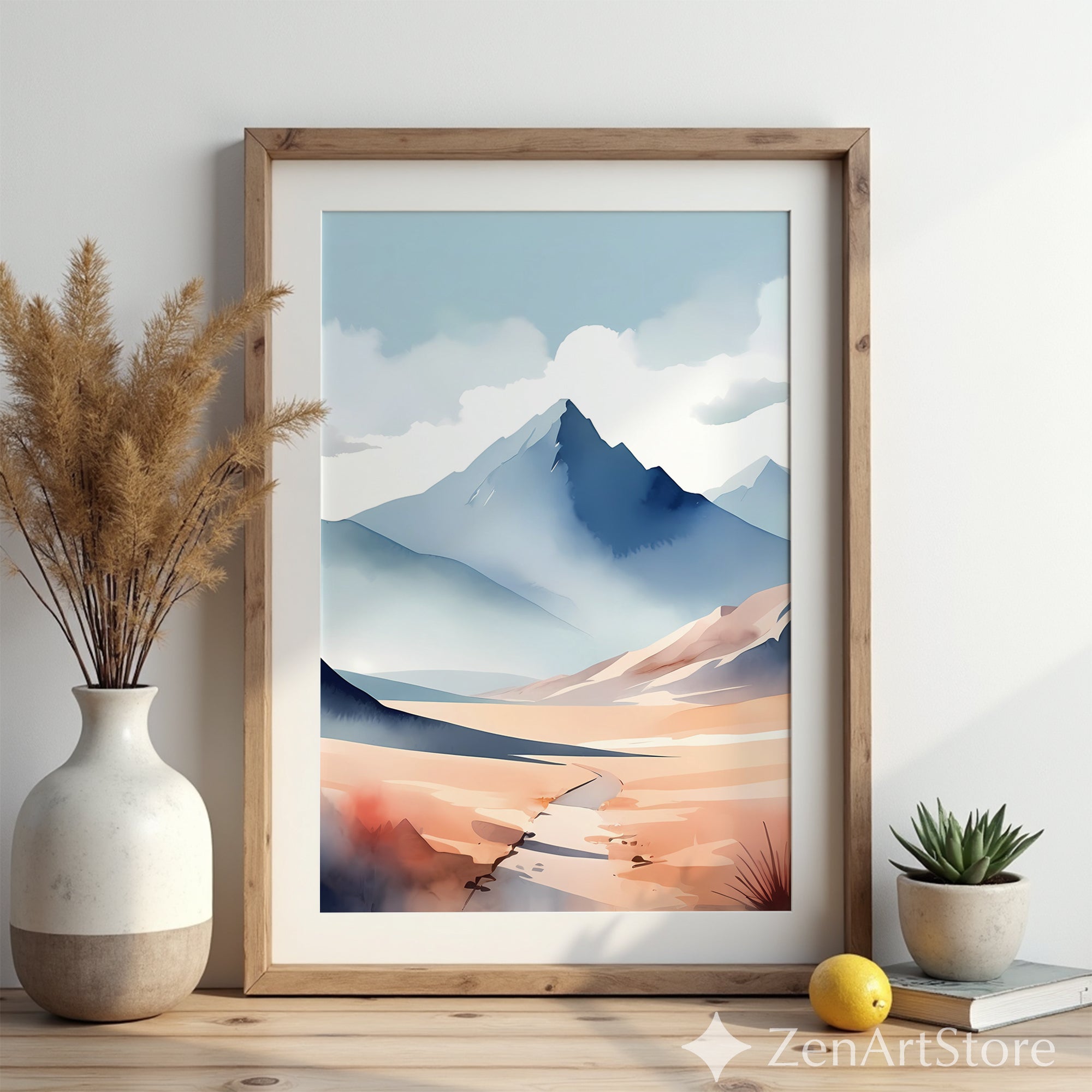 Blue Mountain Watercolor Print - Minimal Japandi Landscape Wall Art, Neutral Modern Home Decor Printable