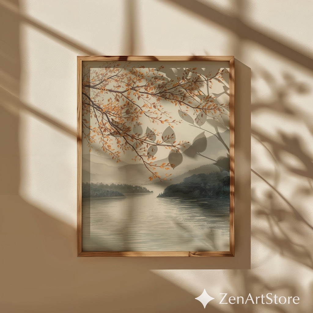 Autumn Lake Branch Wall Art - Neutral Japandi Landscape Print Minimal Zen Botanical Home Decor