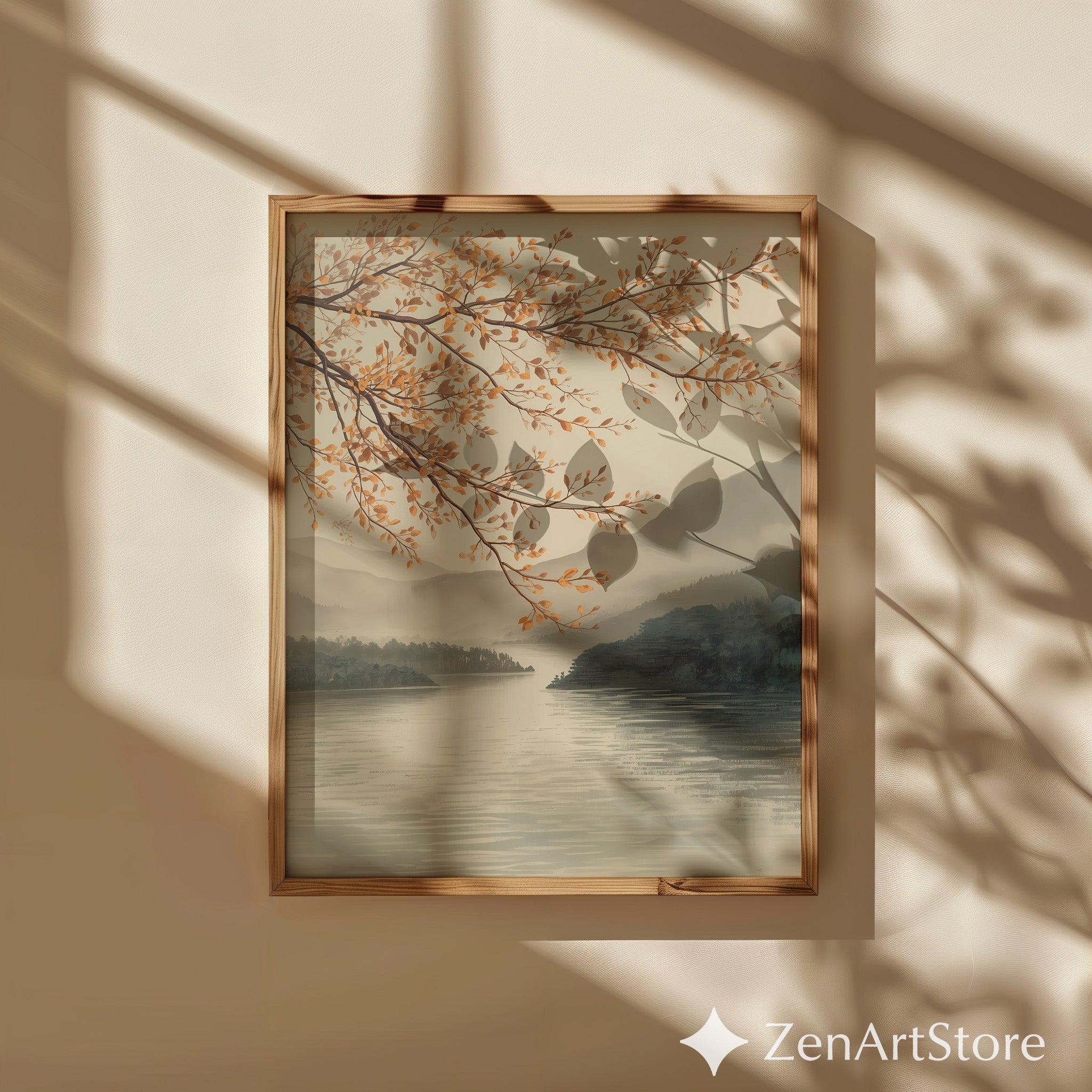 Autumn Lake Branch Wall Art - Neutral Japandi Landscape Print Minimal Zen Botanical Home Decor