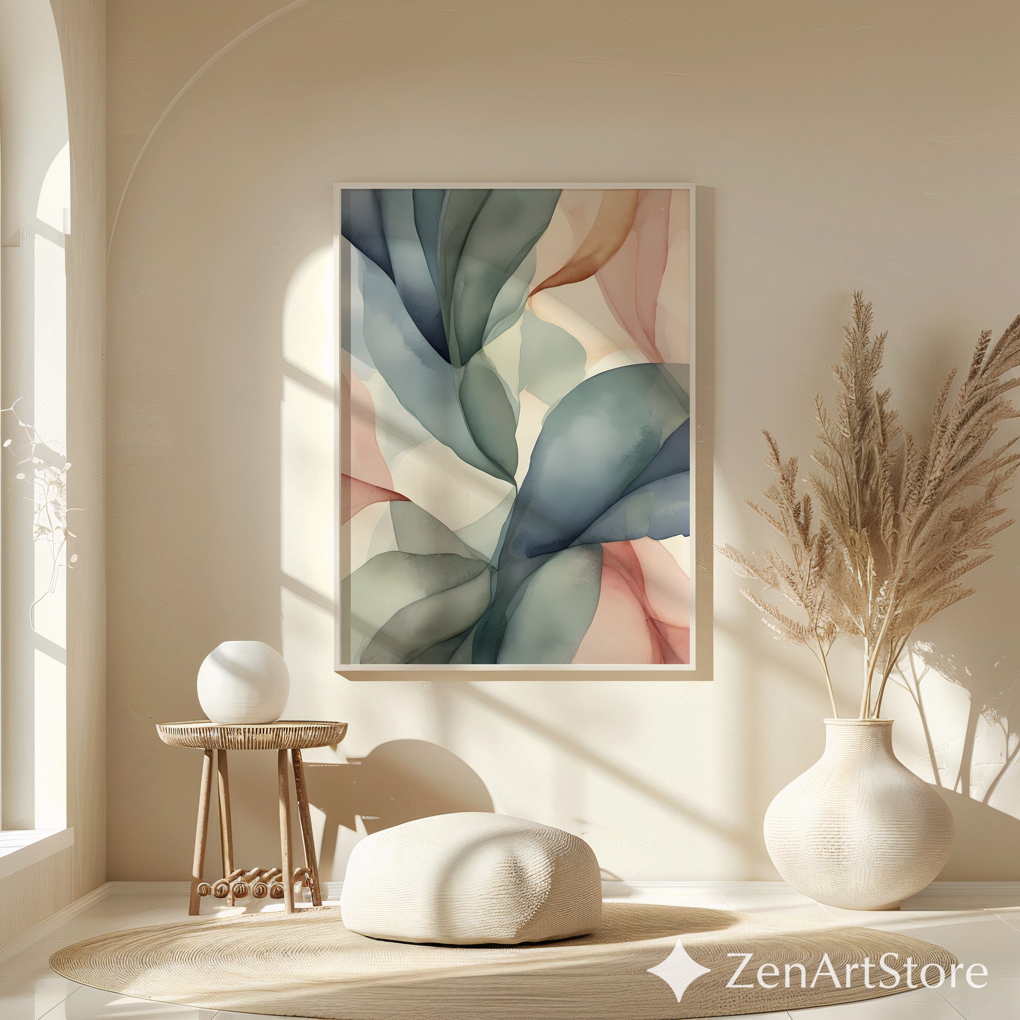 Abstract Botanical Leaf Wall Art - Neutral Japandi Minimalist Pastel Print for Living Room Bedroom Nursery
