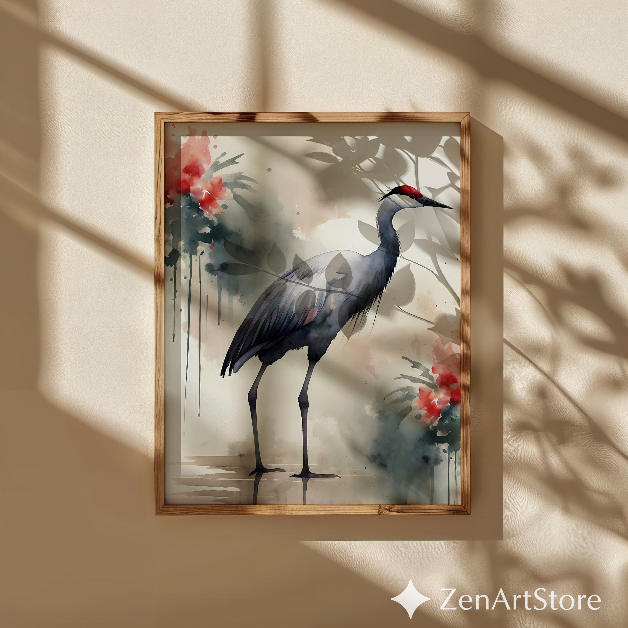 Watercolor Crane Wall Art Print - Japandi Wabi Sabi Heron Painting, Neutral Zen Botanical Home Decor