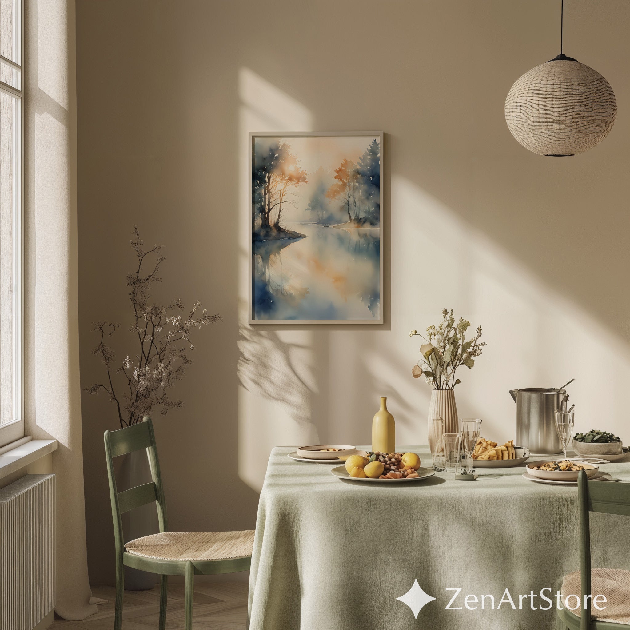 Misty Lake Watercolor Print Calm Minimalist Landscape Wall Art for Living Room Bedroom Japandi Scandinavian Decor