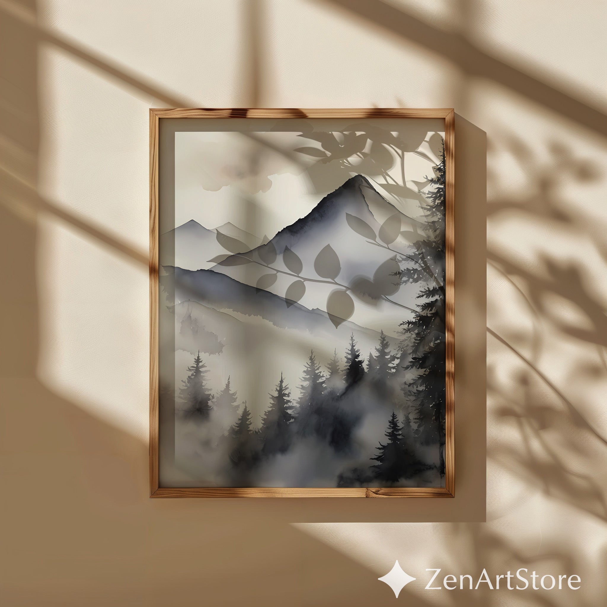 Misty Mountain Watercolor Print - Neutral Zen Landscape Wall Art for Calm, Japandi & Scandinavian Home Decor
