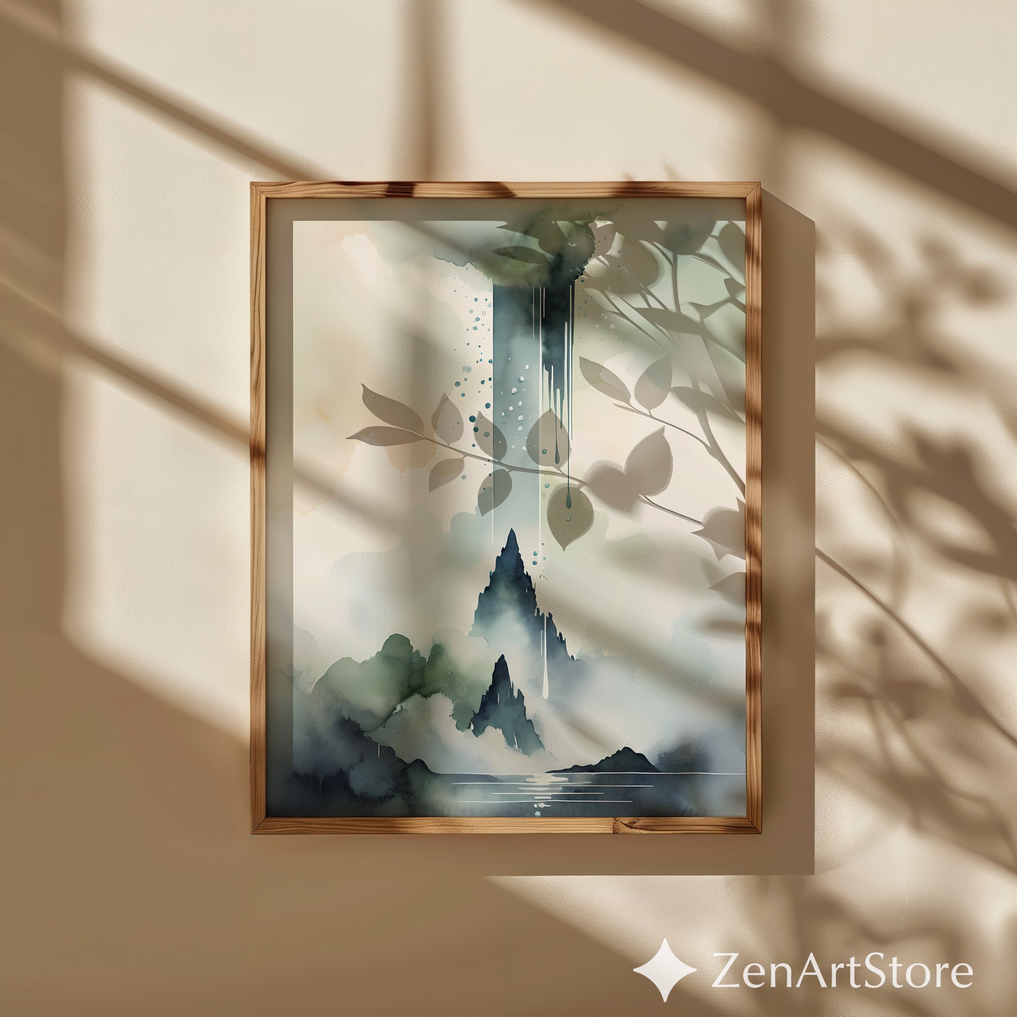 Misty Mountain Watercolor Print - Zen Japandi Neutral Landscape Wall Art, Minimal Abstract Mountain Poster for Modern Home Decor