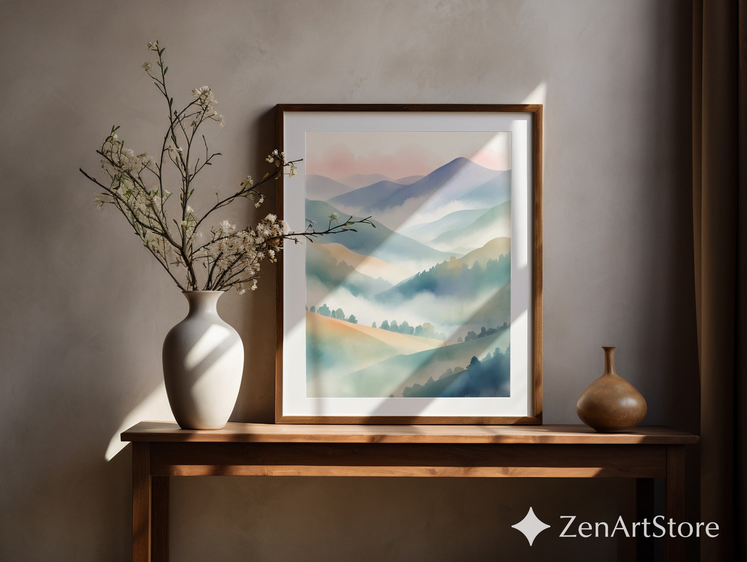 Misty Mountain Pastel Wall Art | Japandi Zen Landscape Print for Calm Minimal Home Decor