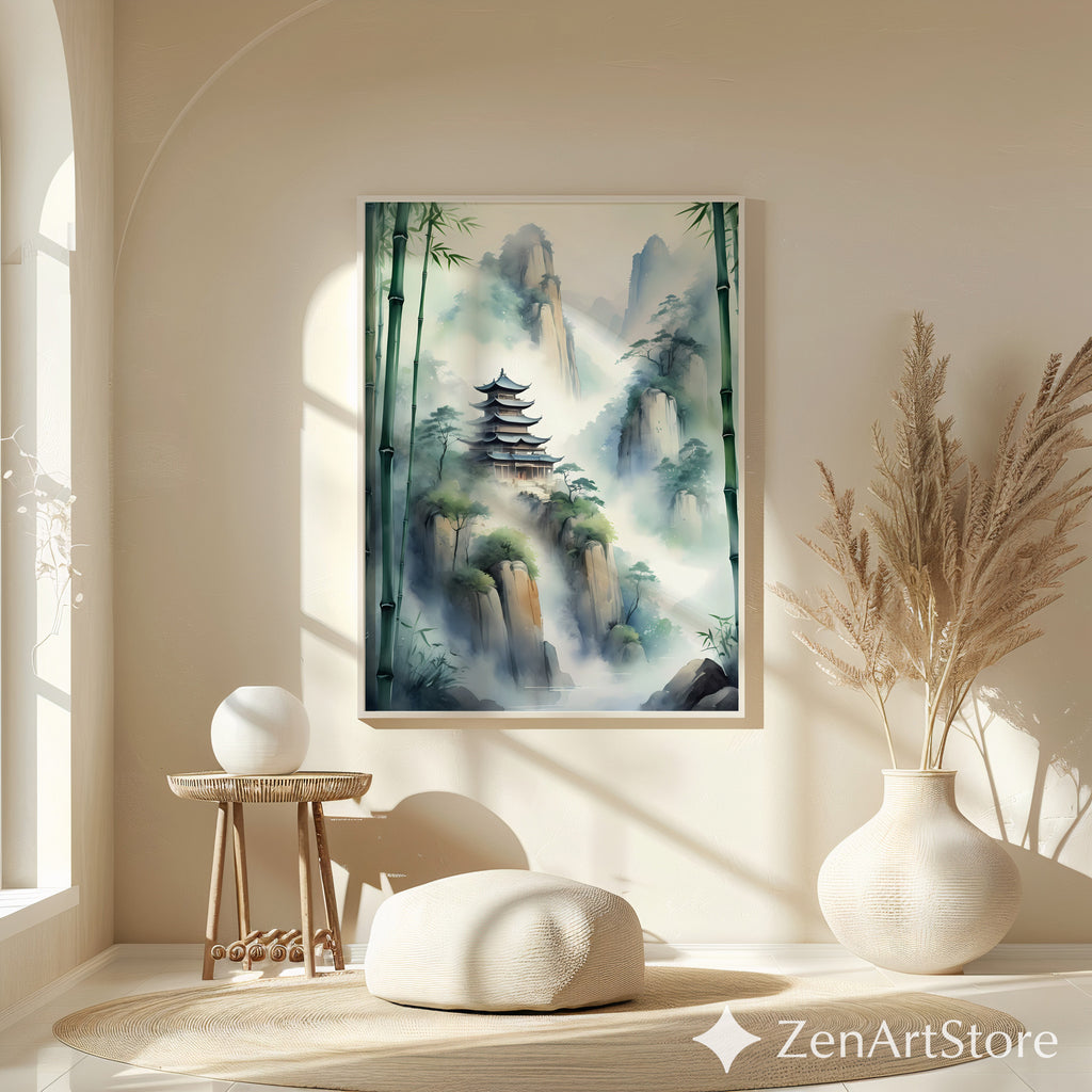 Misty Mountain Pagoda Wall Art - Zen Bamboo Landscape Print, Japandi Minimal Home Decor