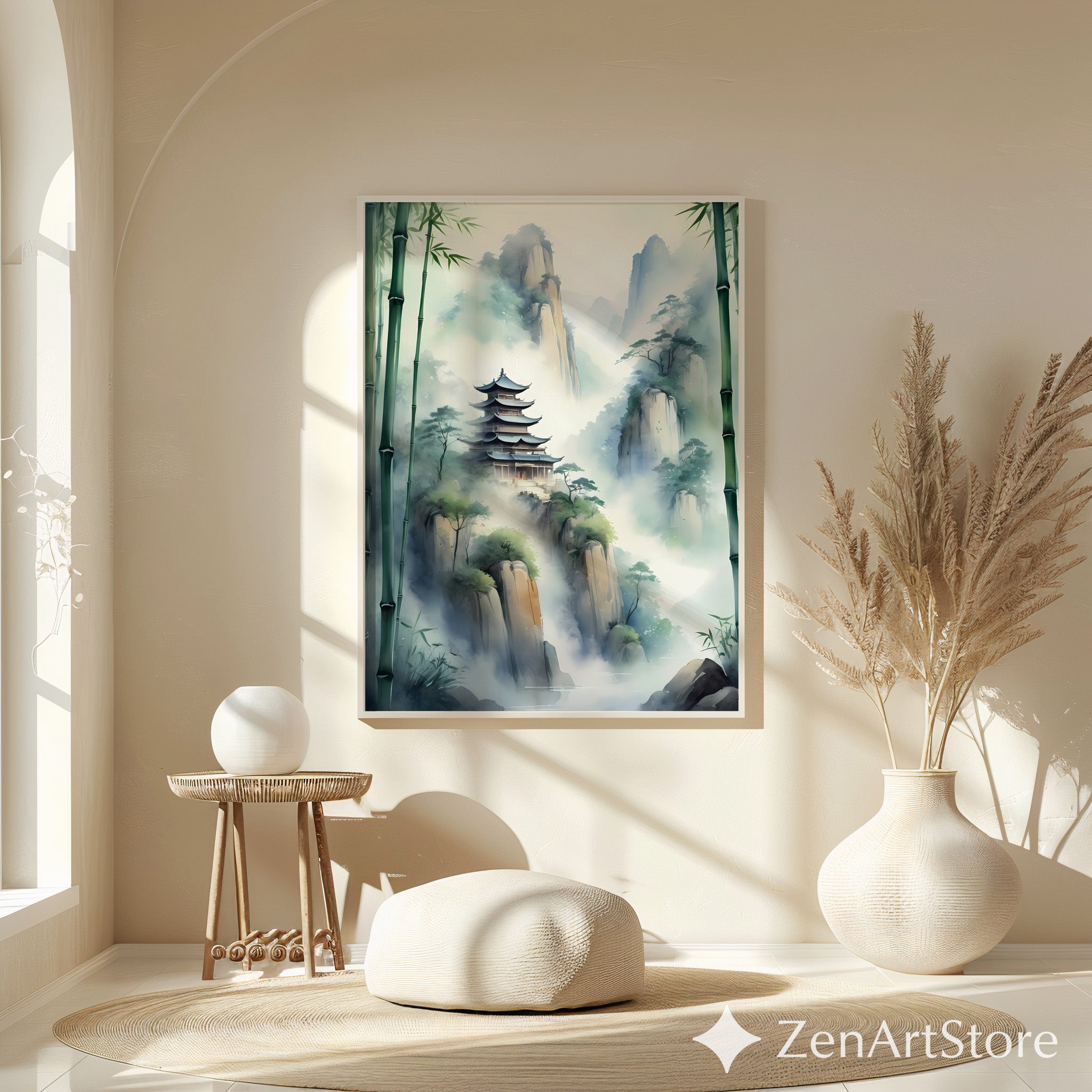 Misty Mountain Pagoda Wall Art - Zen Bamboo Landscape Print, Japandi Minimal Home Decor