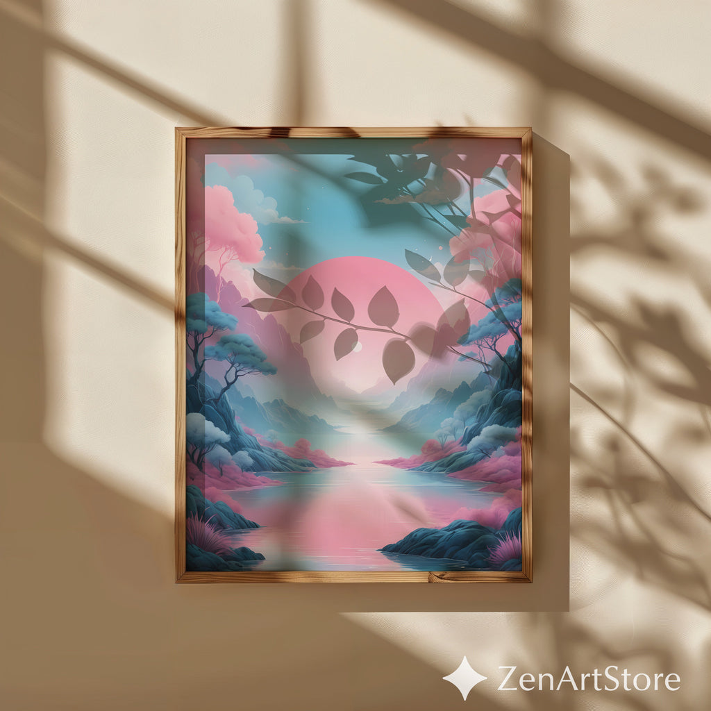 Pastel Sunrise Landscape Wall Art - Pink & Blue Minimal Zen Print for Living Room, Bedroom Japandi Home Decor