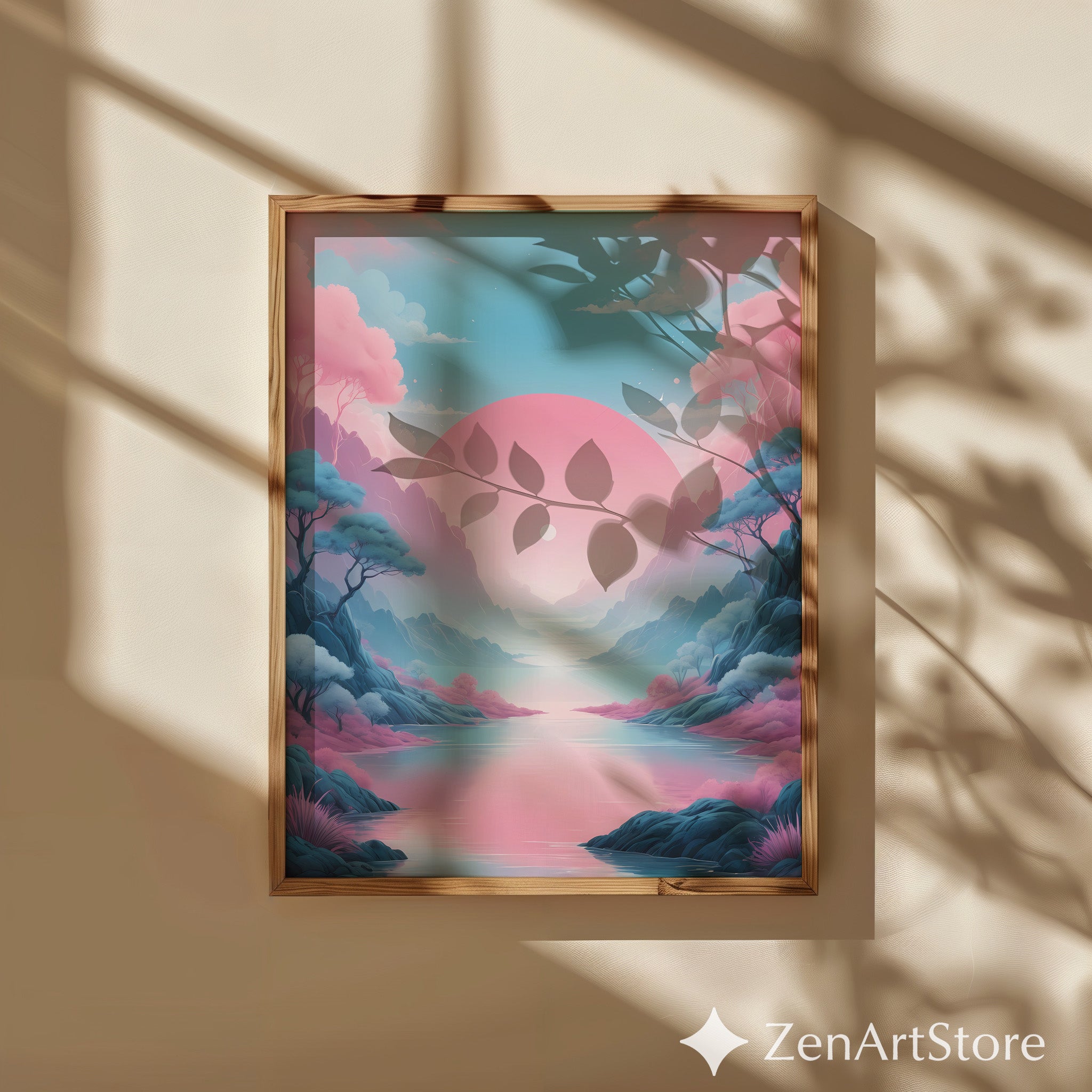 Pastel Sunrise Landscape Wall Art - Pink & Blue Minimal Zen Print for Living Room, Bedroom Japandi Home Decor