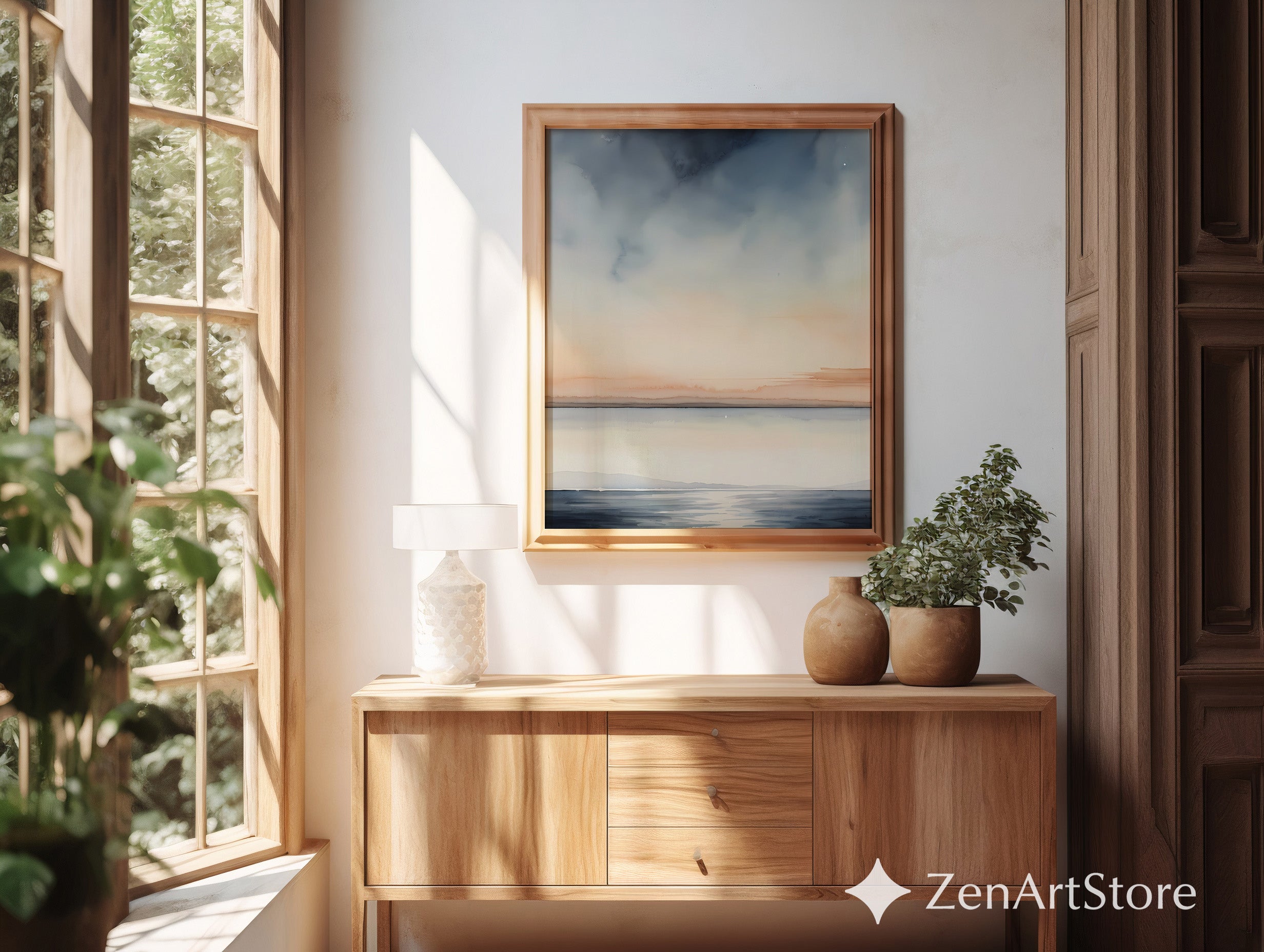 Calm Horizon Watercolor Seascape Print - Minimal Neutral Landscape Wall Art for Living Room, Bedroom, Japandi Decor