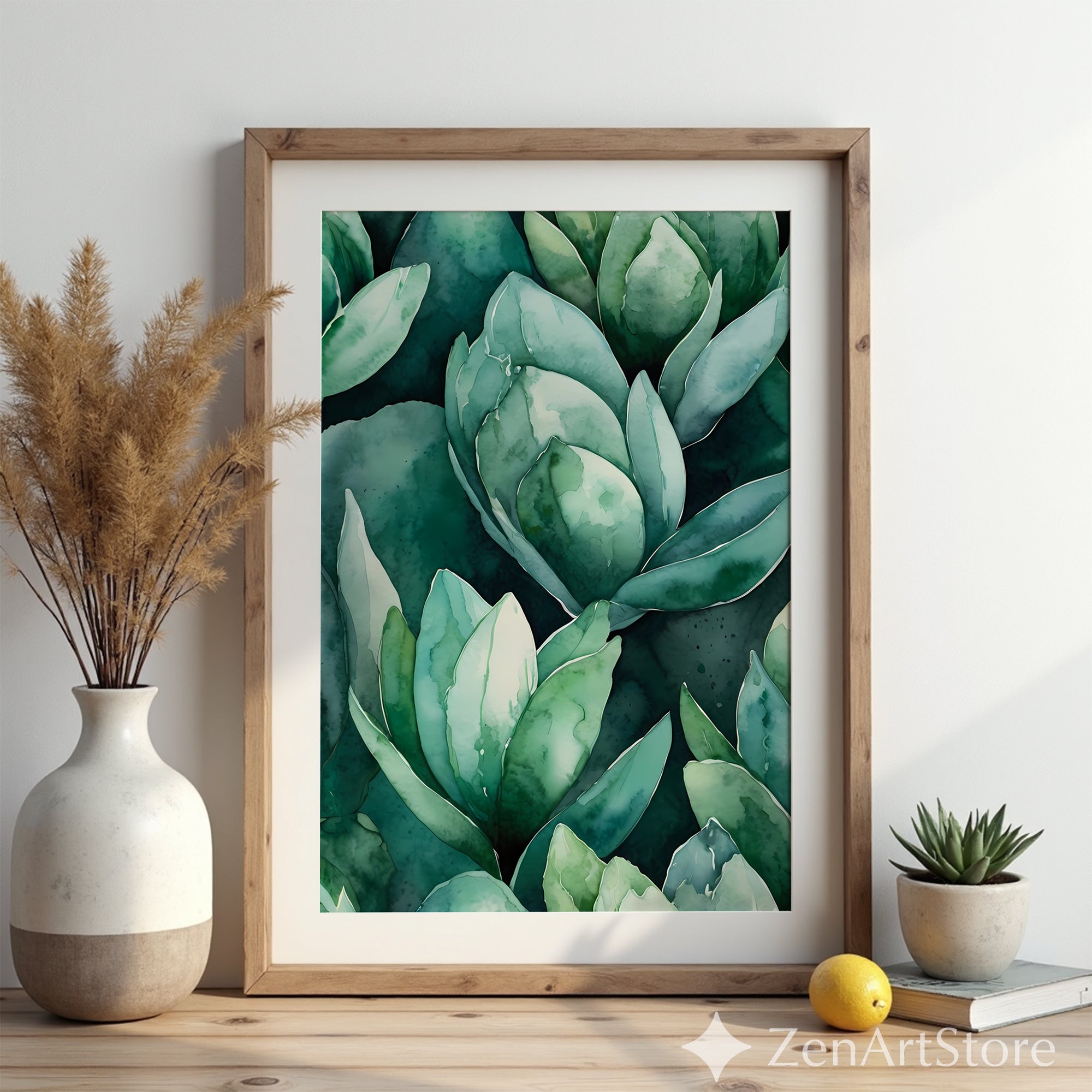Teal Succulent Watercolor Print - Botanical Green Wall Art, Modern Japandi Printable for Living Room & Bedroom