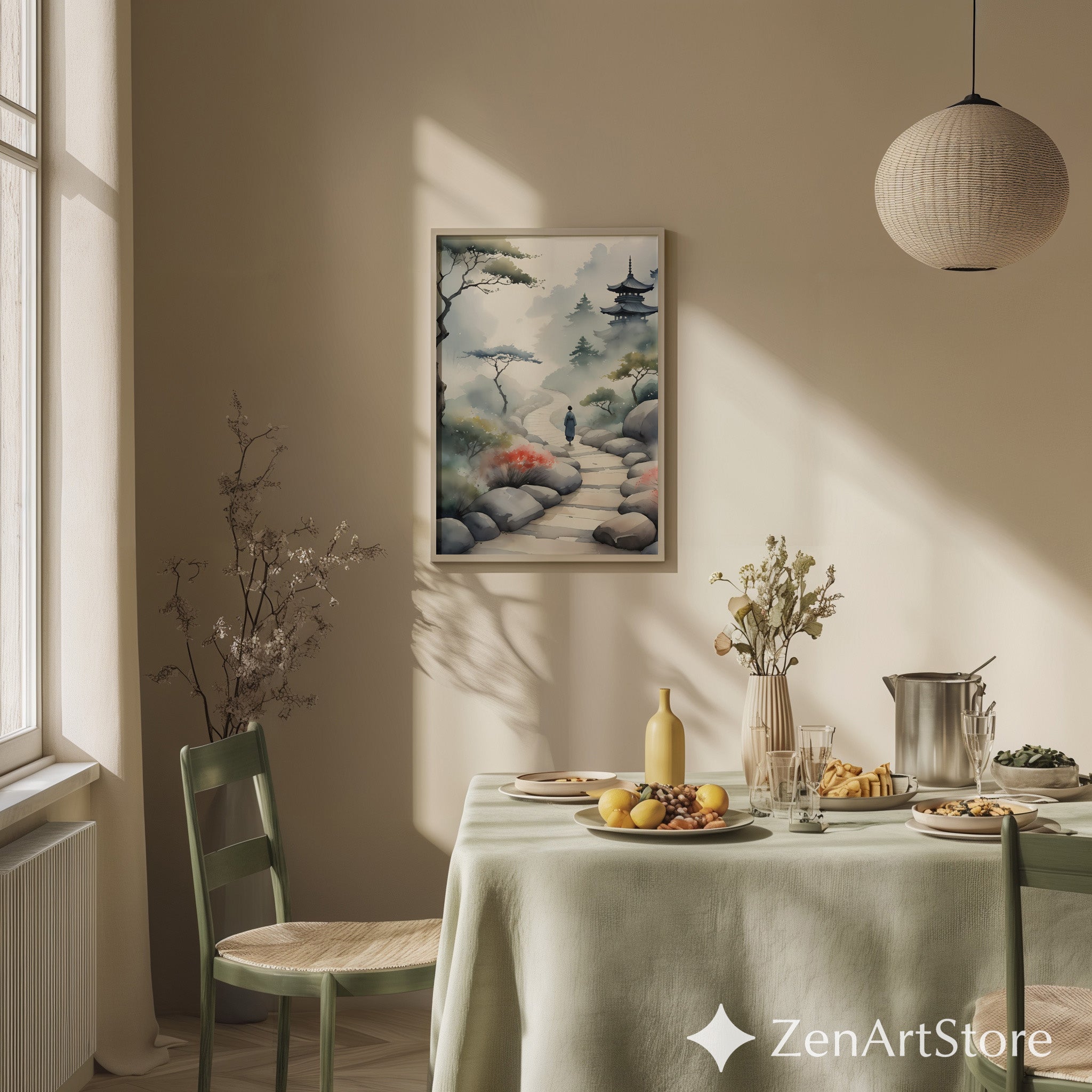 Misty Pagoda Path Watercolor Art Print - Zen Japanese Landscape, Japandi Minimal Wall Art for Living Room, Bedroom, Meditation Space