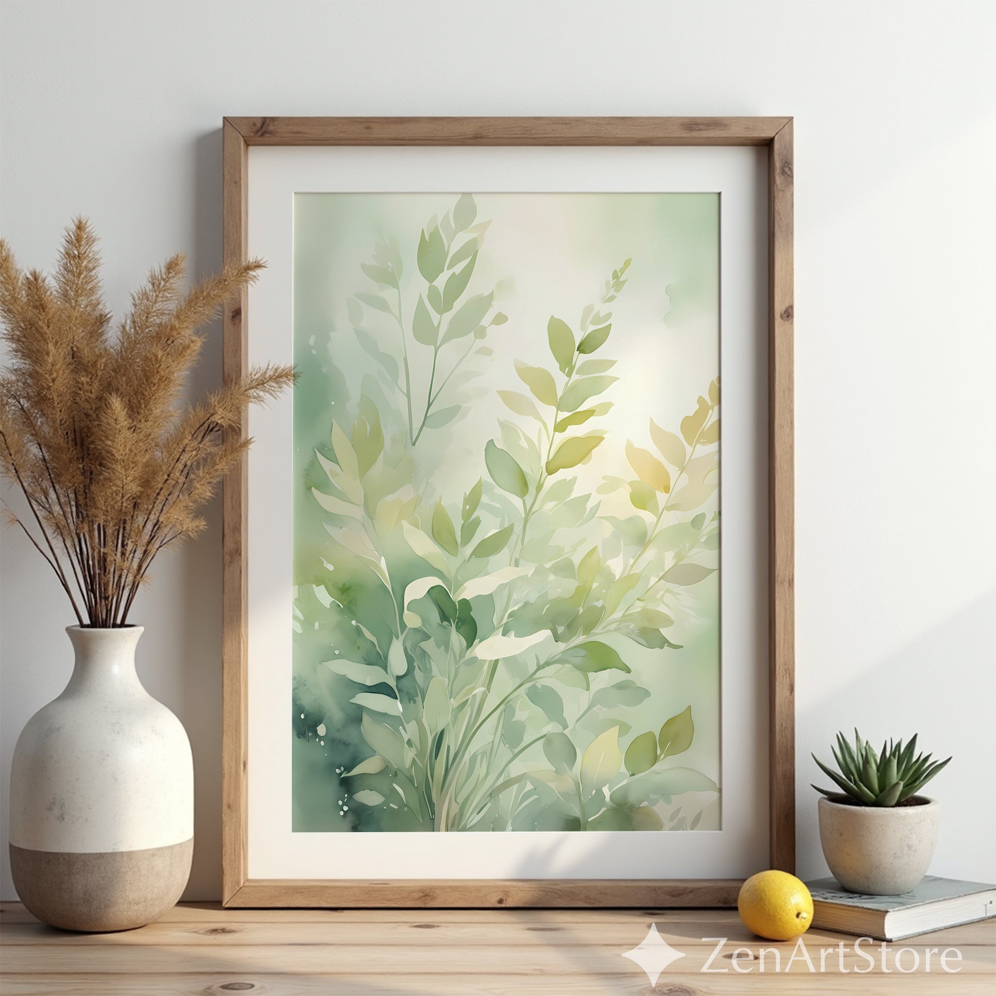 Soft Green Botanical Watercolor Print - Minimal Japandi Leaf Art for Calm Home Decor, Printable Scandinavian Nature Wall Art