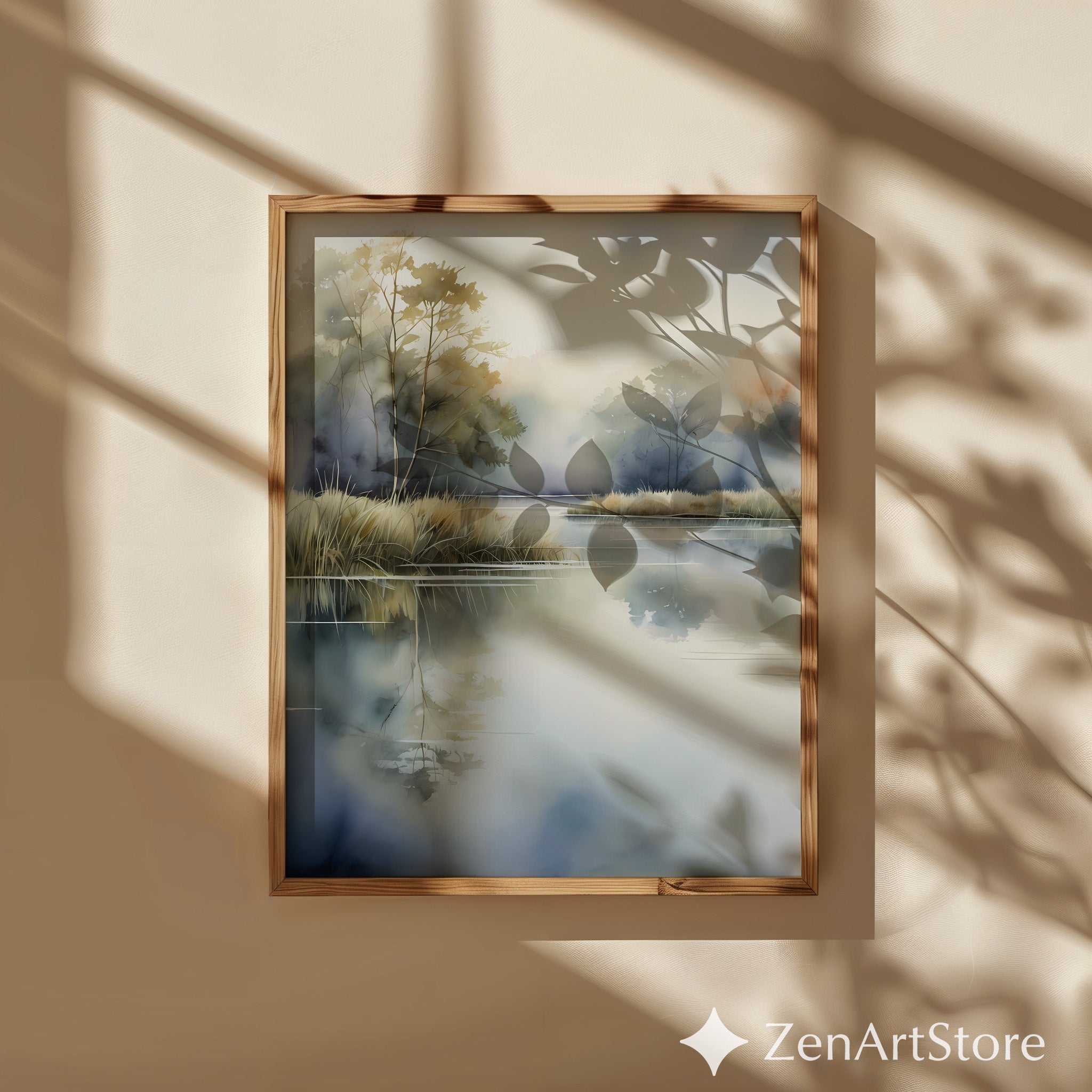 Misty Lake Watercolor Print — Serene Neutral Landscape Wall Art, Vertical Japandi Zen Minimalist Decor for Living Room & Bedroom