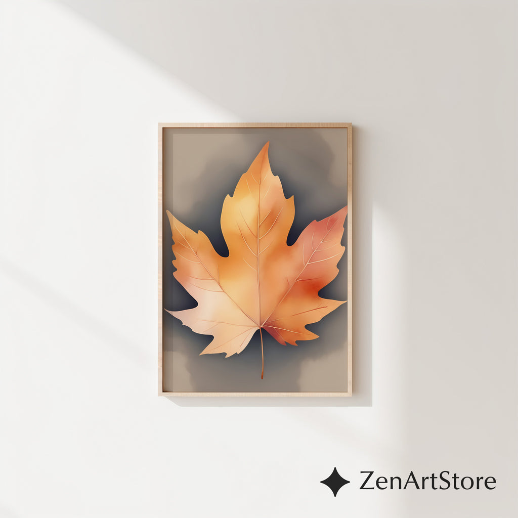 Neutral Autumn Leaf Wall Art - Minimal Maple Leaf Print, Japandi Wabi-Sabi Fall Home Decor, Beige Botanical Wall Art