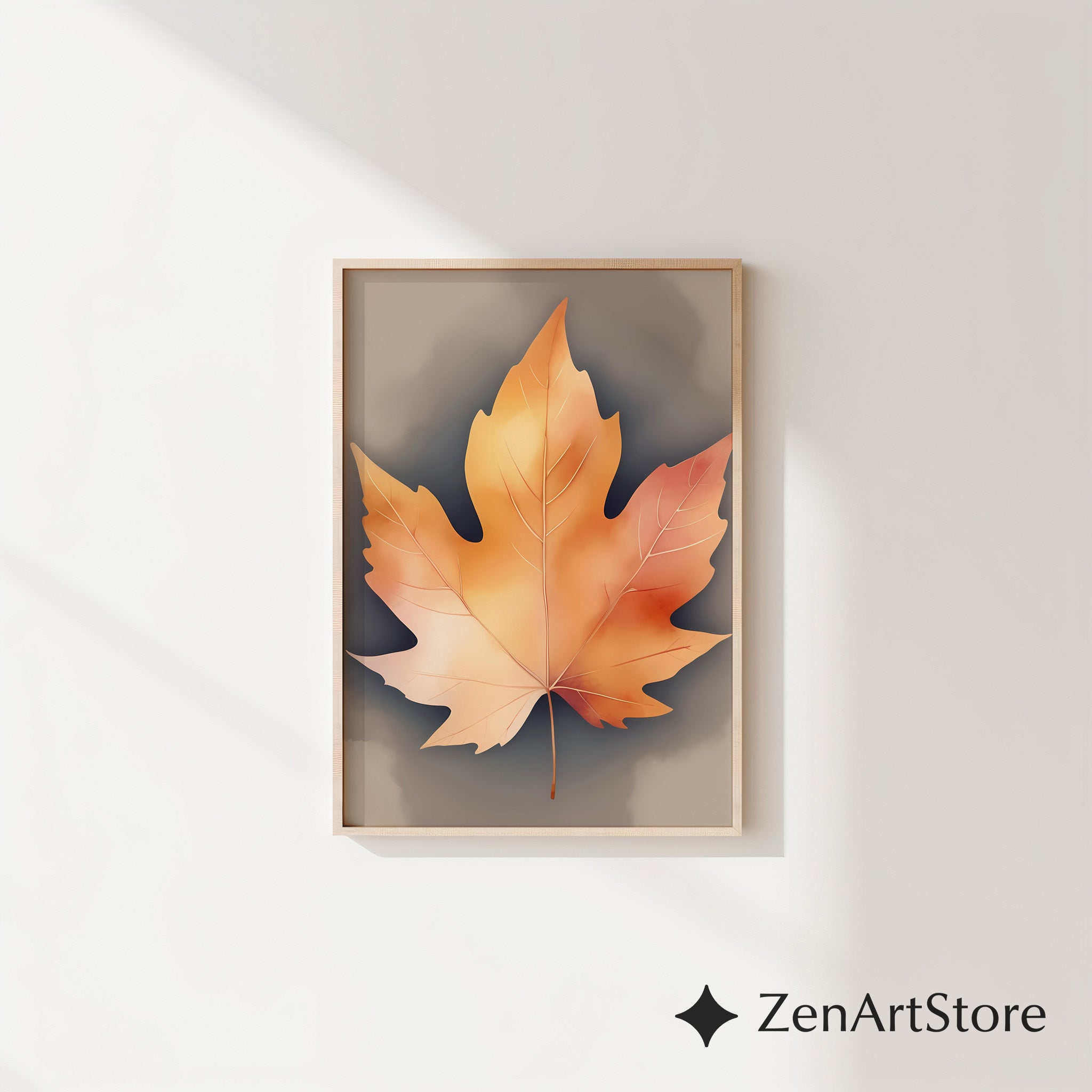 Neutral Autumn Leaf Wall Art - Minimal Maple Leaf Print, Japandi Wabi-Sabi Fall Home Decor, Beige Botanical Wall Art