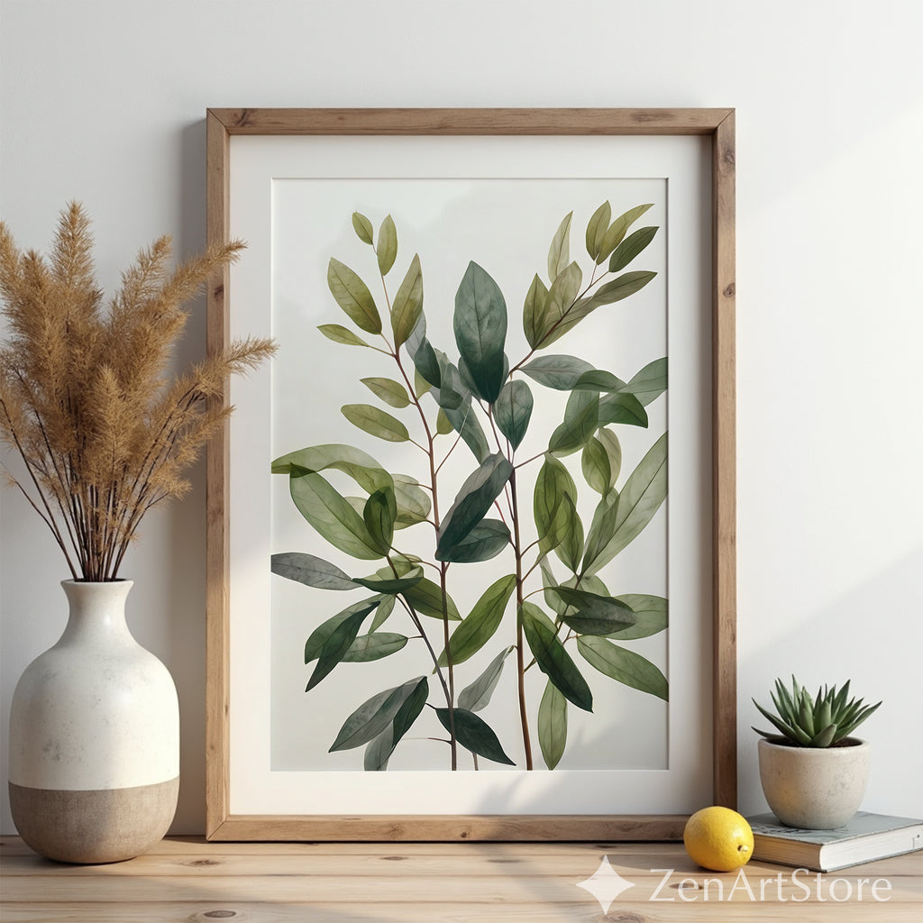 Minimal Green Leaves Botanical Wall Art - Modern Neutral Plant Print for Scandinavian Japandi Home Decor