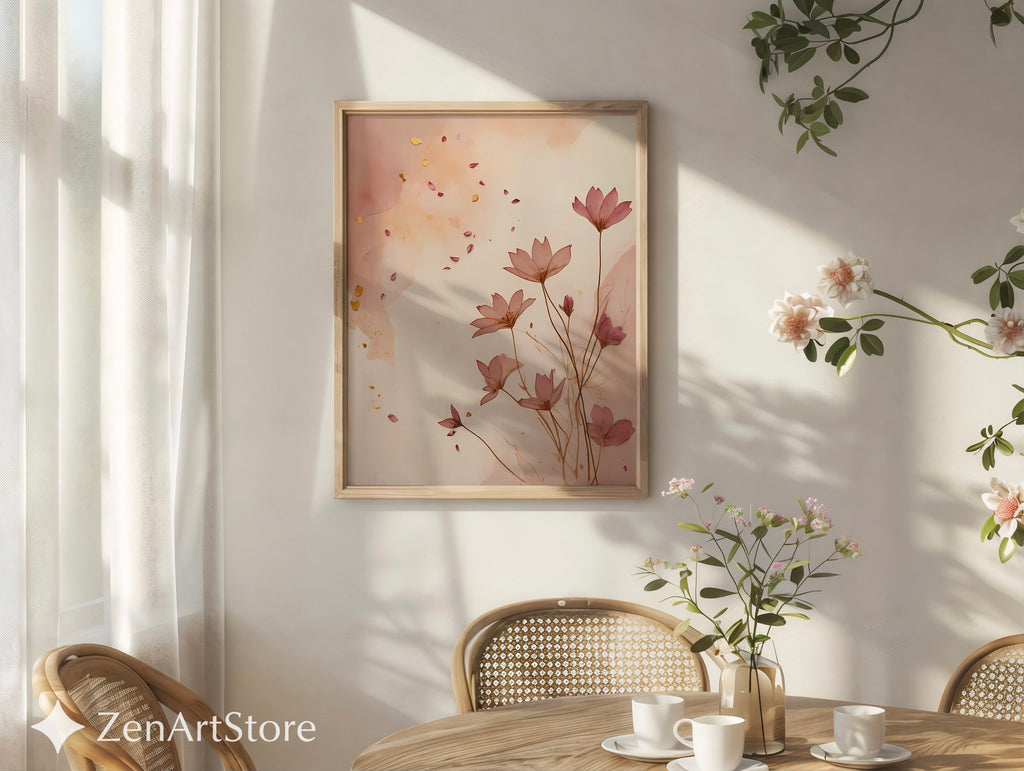 Blush Floral Wall Art Print - Minimal Botanical Line Art, Neutral Japandi Home Decor, Pink Beige Abstract Flower Poster