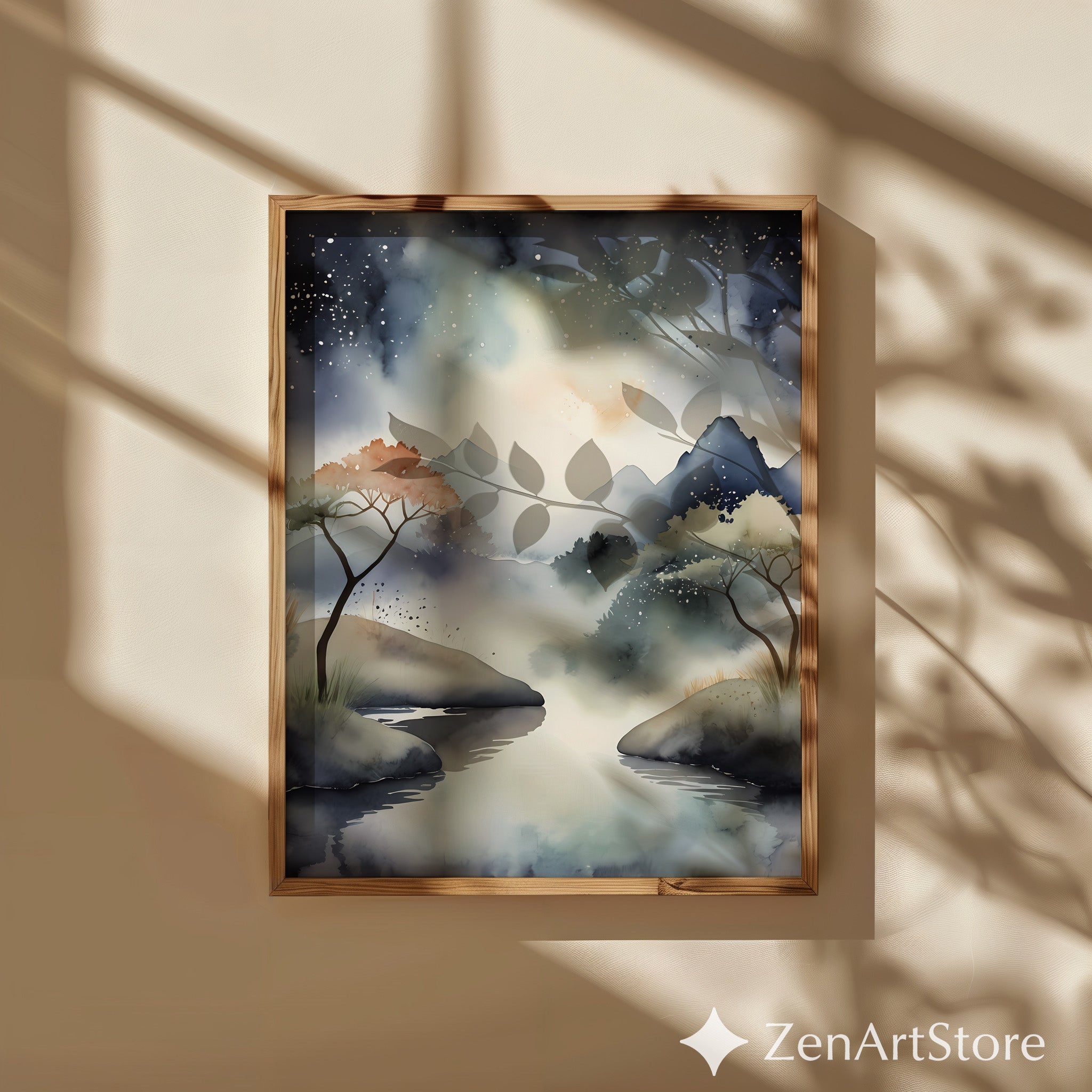 Misty Mountain Watercolor Print - Calming Neutral Landscape Wall Art for Living Room, Bedroom, Japandi Zen Decor