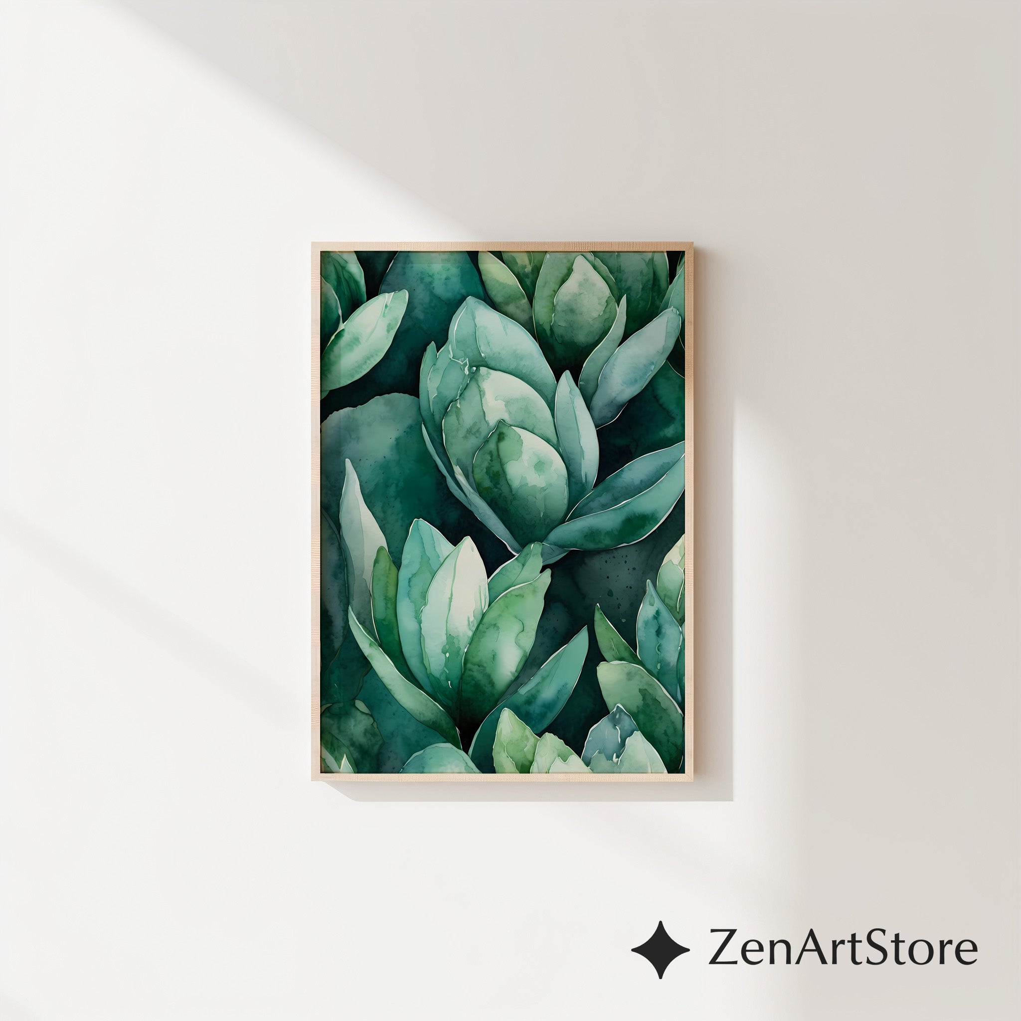 Teal Succulent Watercolor Print - Botanical Green Wall Art, Modern Japandi Printable for Living Room & Bedroom