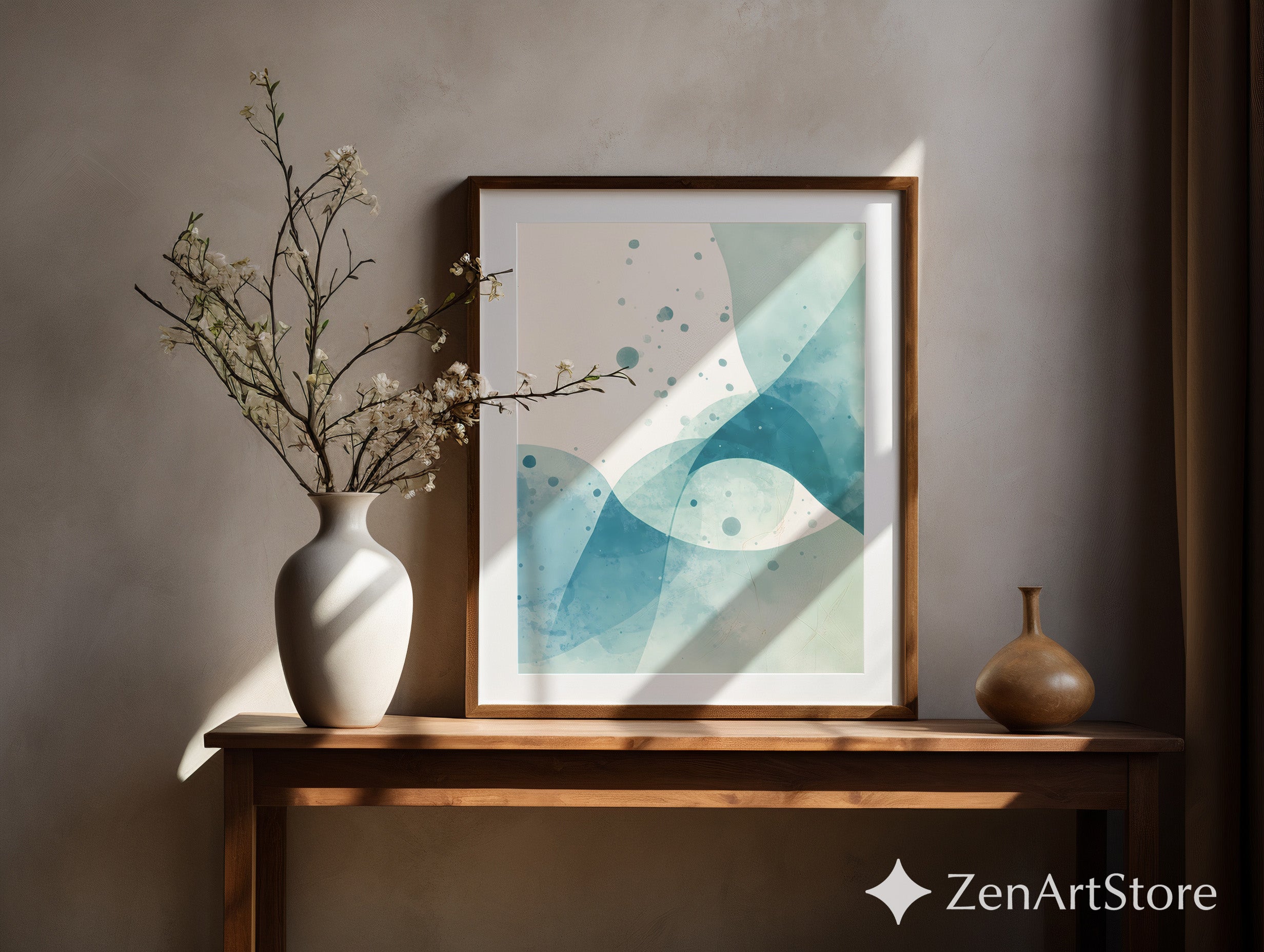 Teal Abstract Watercolor Art Print - Minimal Blue Modern Wall Art for Living Room, Bedroom, Japandi Wabi Sabi Home Decor