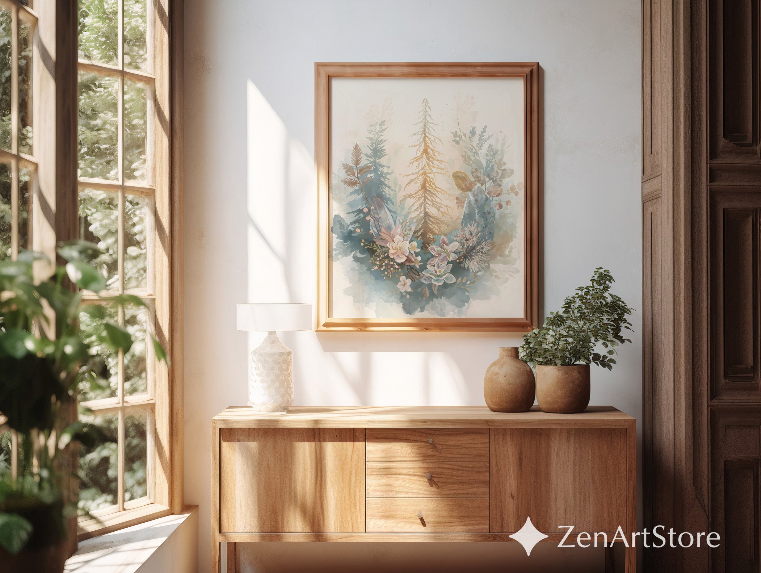 Neutral Watercolor Botanical Forest Print - Pastel Floral & Pine Wall Art, Japandi Minimal Home Decor