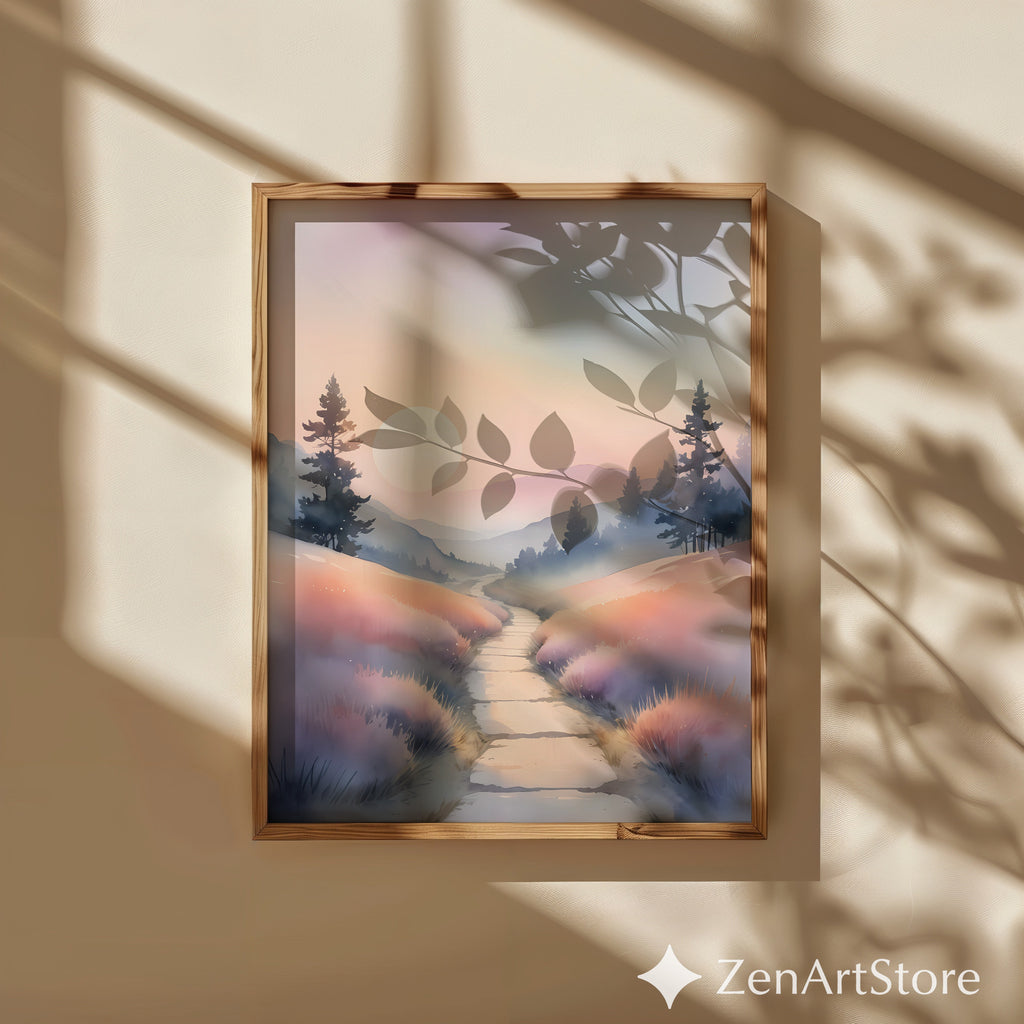 Misty Pastel Sunrise Landscape Print — Serene Pathway Wall Art for Zen, Japandi & Minimal Home Decor