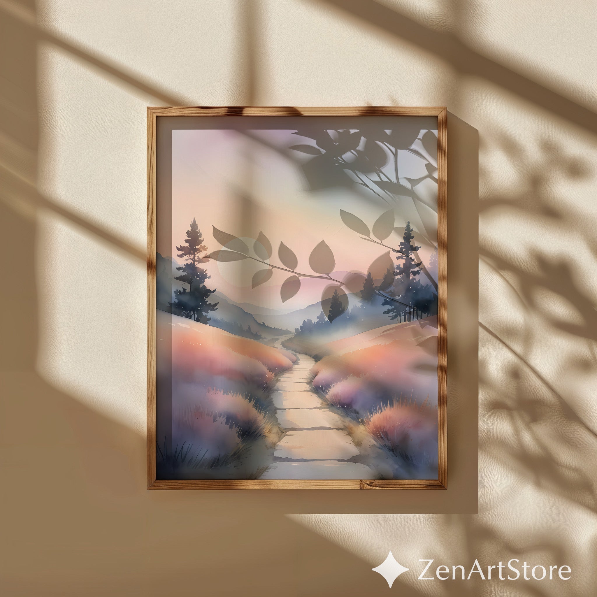Misty Pastel Sunrise Landscape Print — Serene Pathway Wall Art for Zen, Japandi & Minimal Home Decor