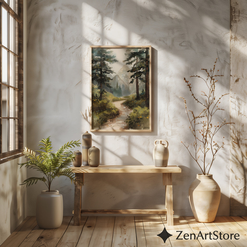 Misty Mountain Path Landscape Art Print - Calm Neutral Forest Painting for Living Room, Bedroom or Cabin Decor