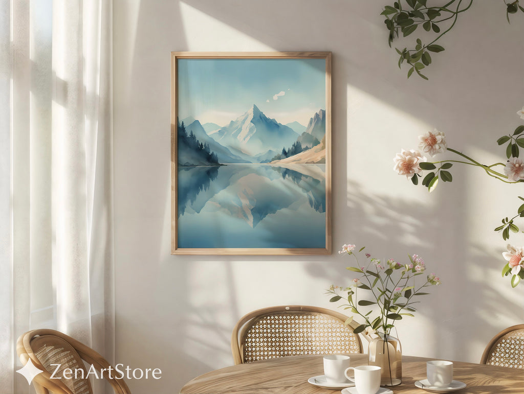 Calm Mountain Lake Wall Art Print - Minimal Blue Landscape Reflection, Scandinavian Zen Home Decor, Japandi Neutral Poster