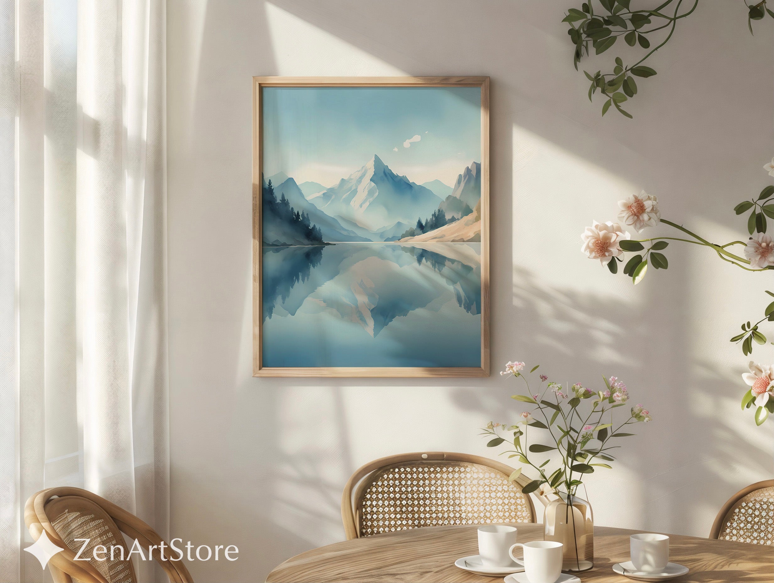 Calm Mountain Lake Wall Art Print - Minimal Blue Landscape Reflection, Scandinavian Zen Home Decor, Japandi Neutral Poster