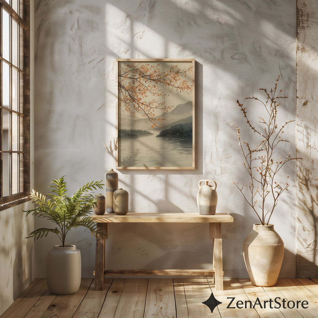 Autumn Lake Branch Wall Art - Neutral Japandi Landscape Print Minimal Zen Botanical Home Decor