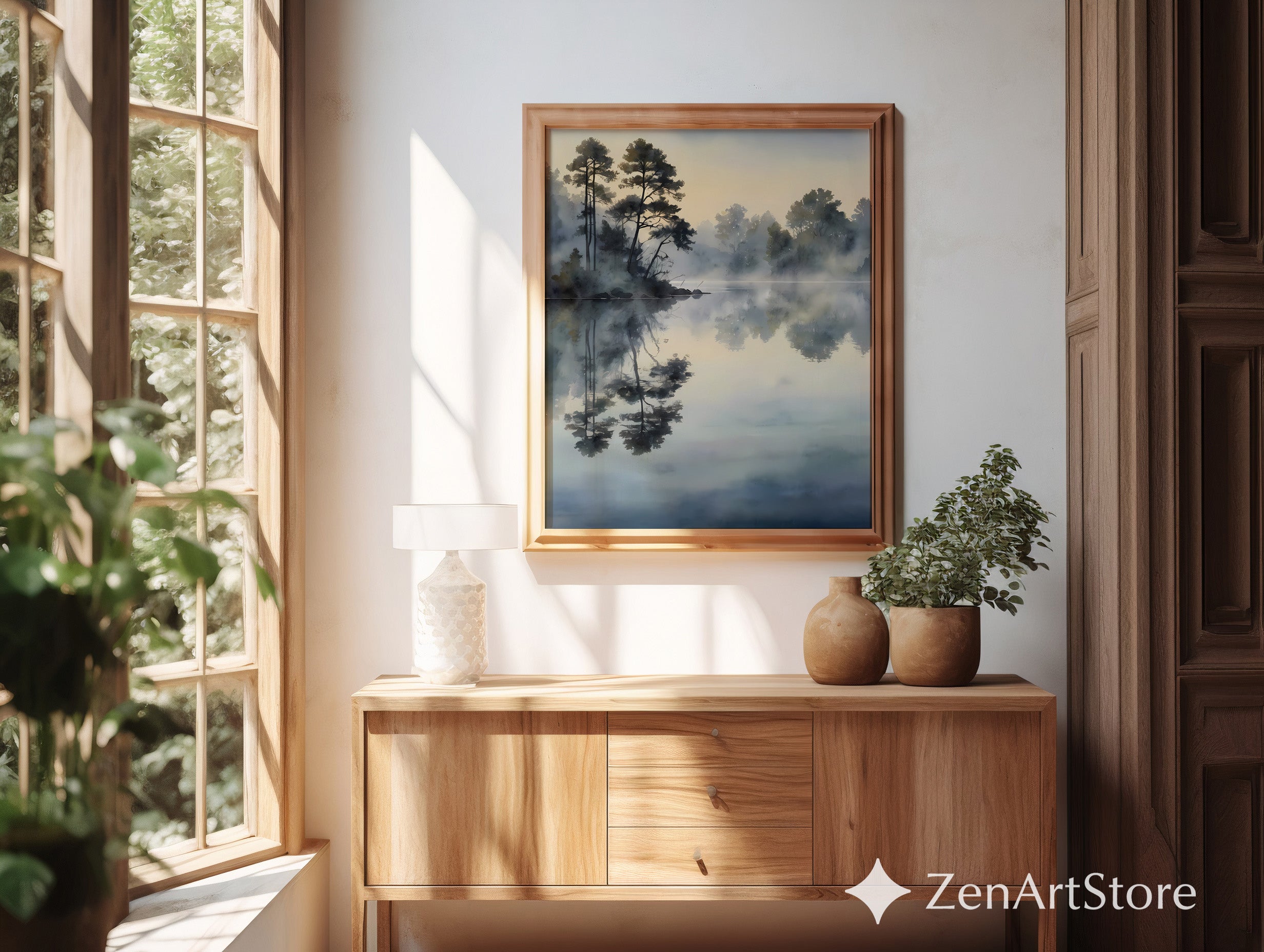 Misty Lake Reflection Watercolor Print - Calm Neutral Landscape Wall Art for Bedroom, Living Room, Japandi & Scandinavian Decor