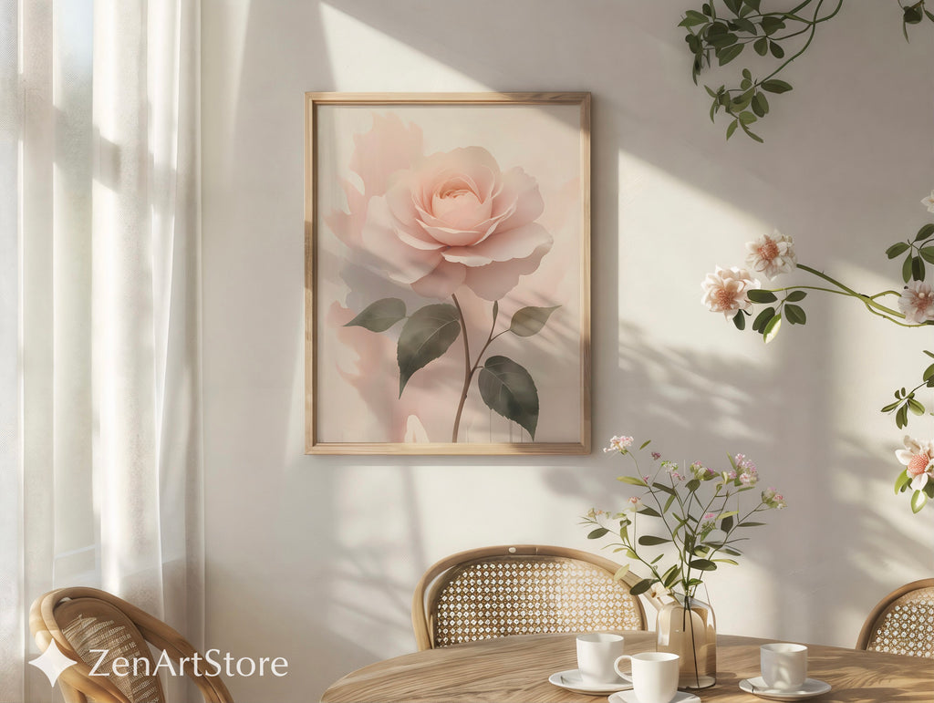 Blush Rose Wall Art Print - Soft Pastel Botanical Rose, Minimal Floral Nursery & Bedroom Decor, Neutral Modern Printable