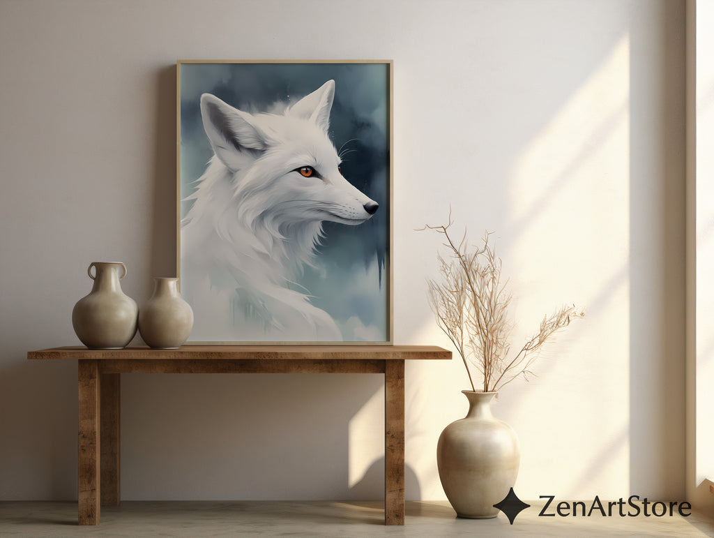 White Fox Wall Art - Minimal Arctic Fox Print, Scandinavian Zen Animal Portrait for Modern Home Decor