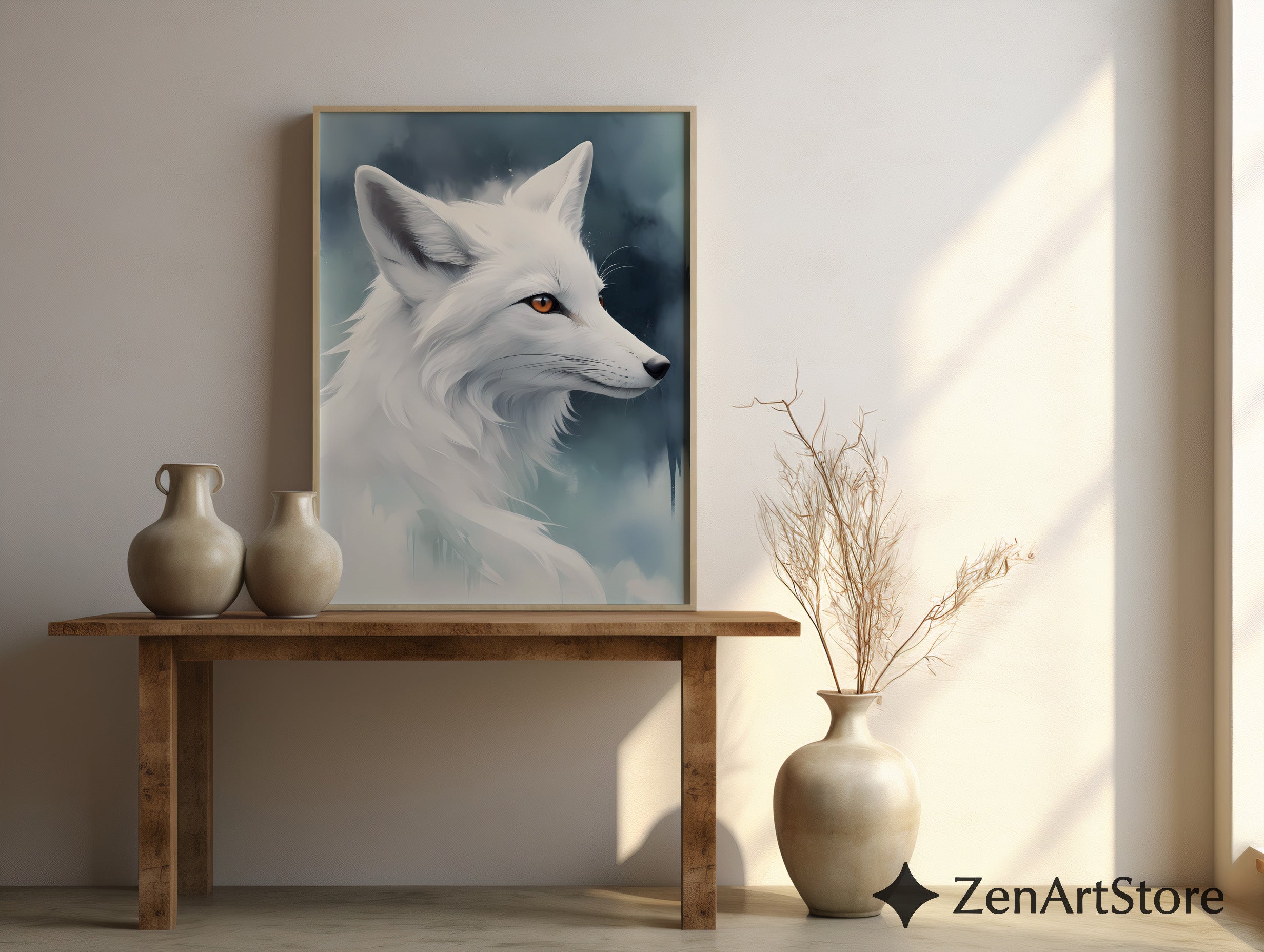 White Fox Wall Art - Minimal Arctic Fox Print, Scandinavian Zen Animal Portrait for Modern Home Decor